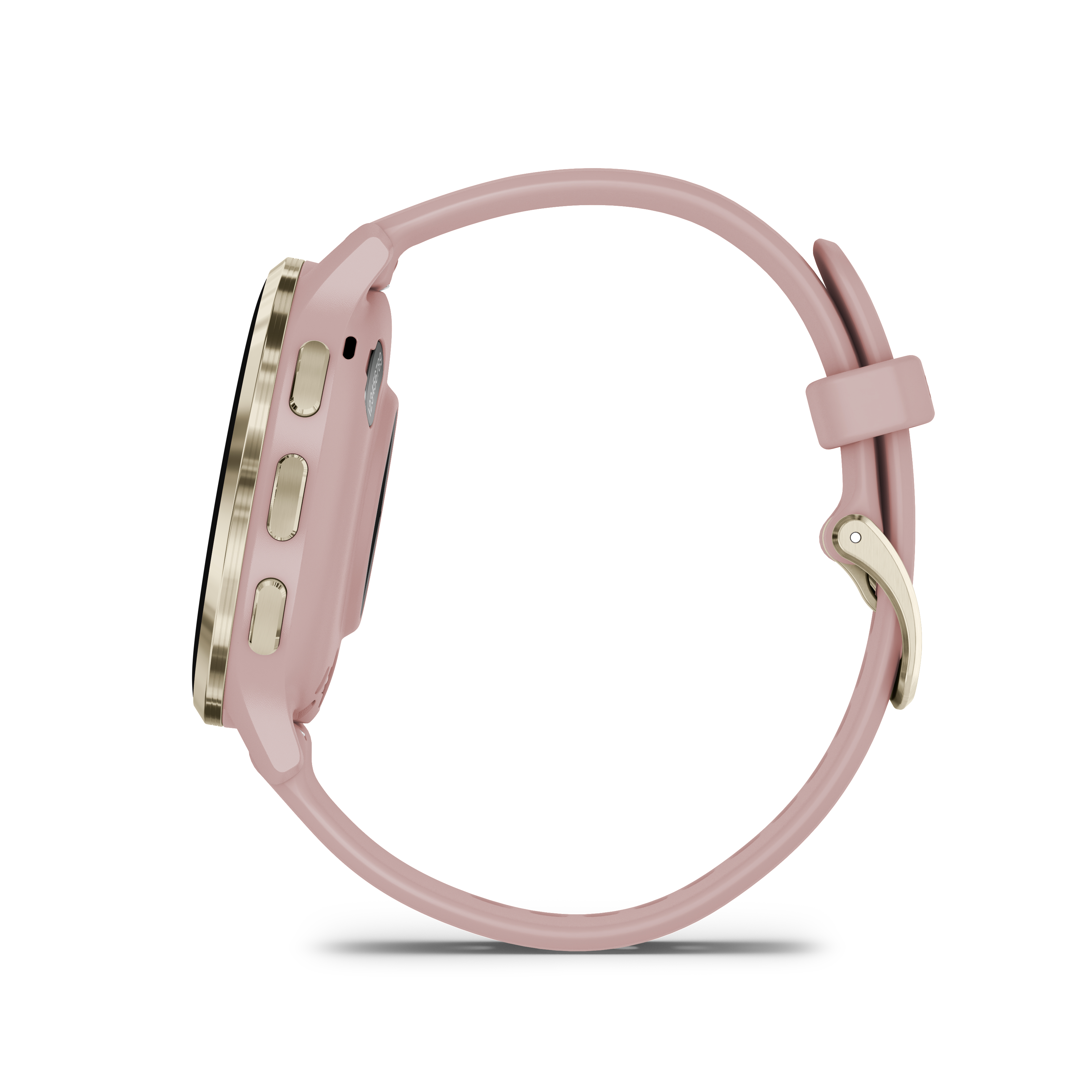Rosa Smartwatch mit goldener Lünette und Armband, Seitenansicht.