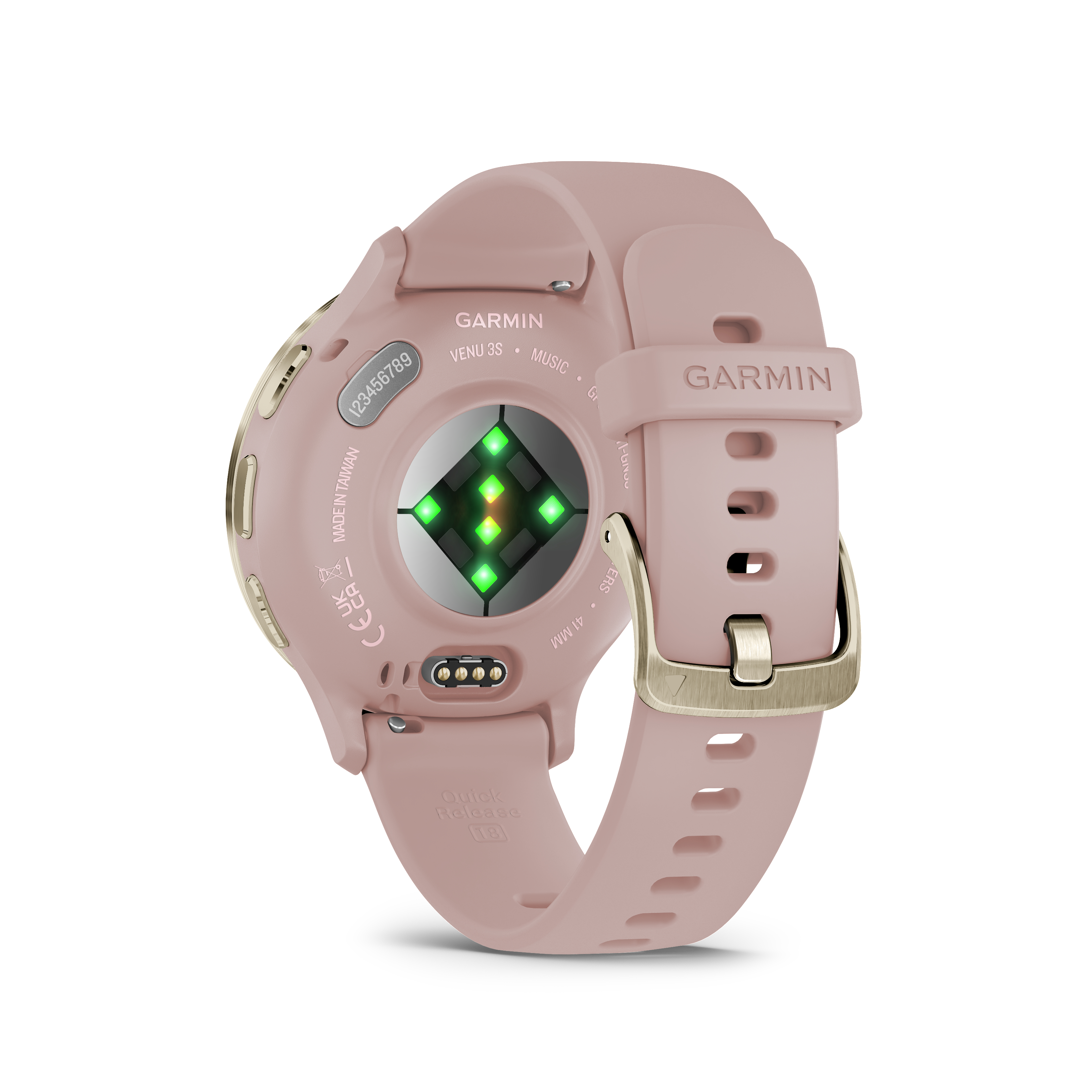 Die Rückseite einer Garmin Venu 3S Smartwatch mit rosa Armband, Herzfrequenzsensor sichtbar.