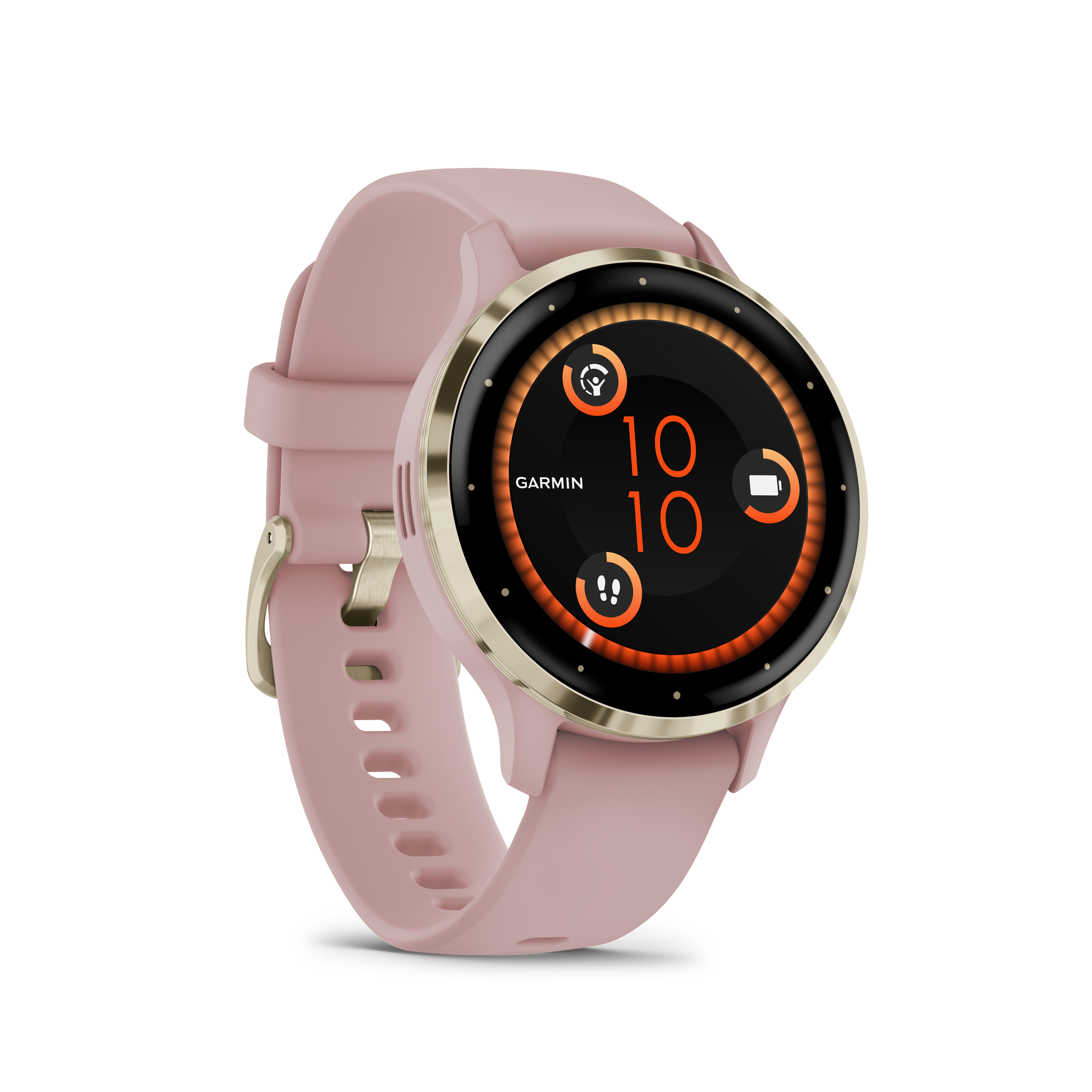 Garmin Smartwatch, rosa Armband, zeigt Zeit und Aktivitätsdaten auf schwarzem Bildschirm.
