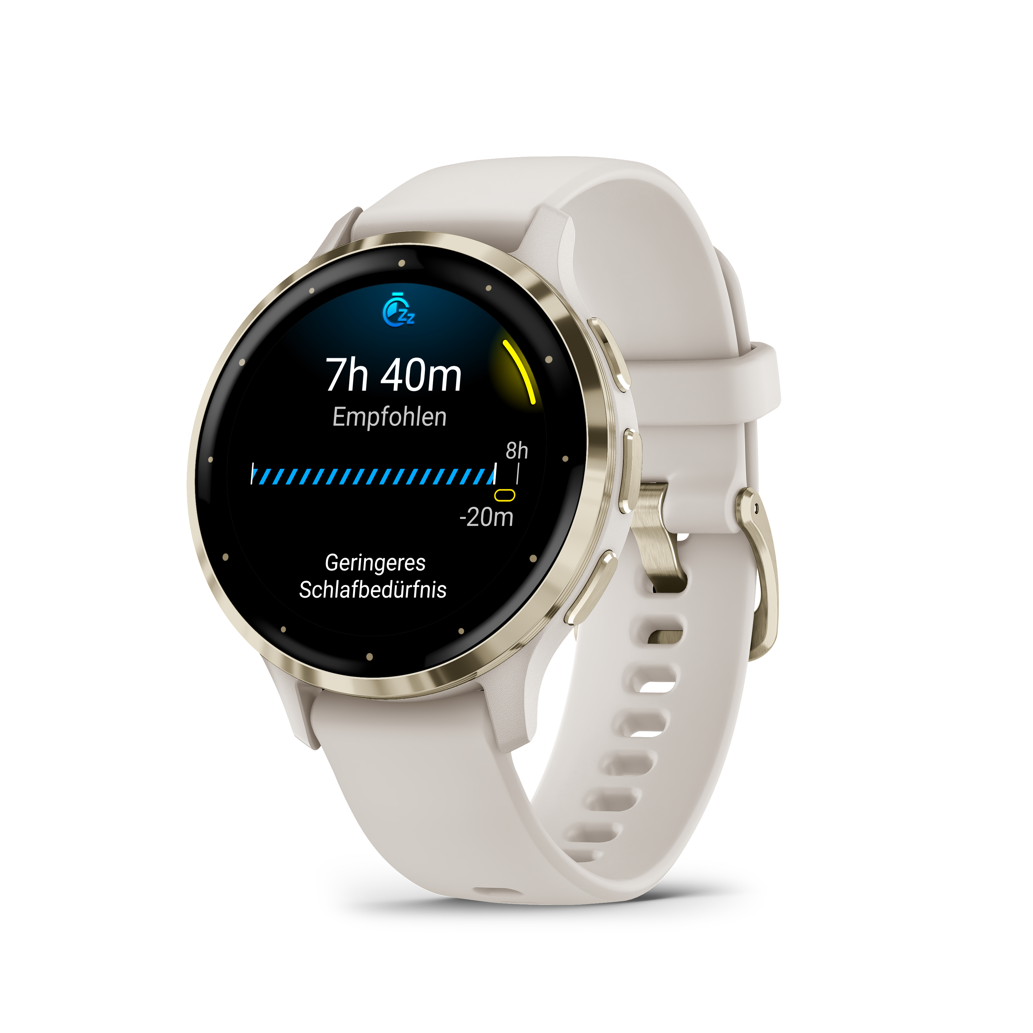 Smartwatch mit Schlafdaten: 7h 40m empfohlen. Weißes Band, goldfarbener Besatz.