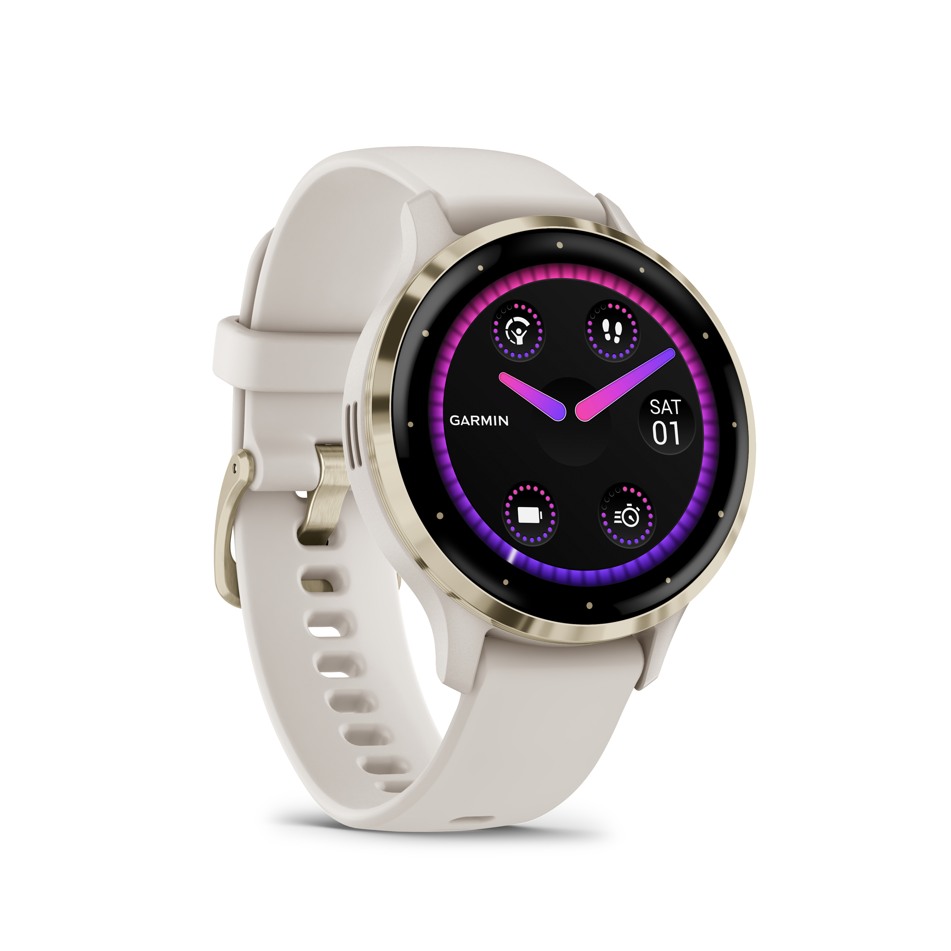 Cremefarbene Smartwatch mit rundem Zifferblatt. Goldener Rahmen und helles Armband. Bildschirm an.