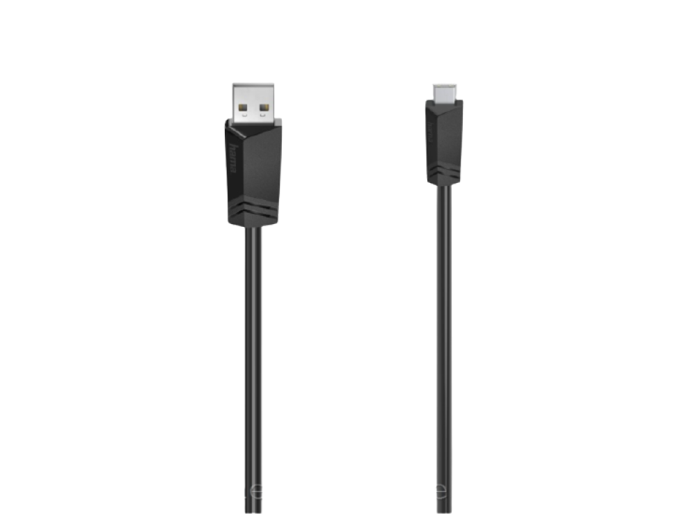 Cable USB, negro, con un conector USB-A y USB-C sobre un fondo negro.