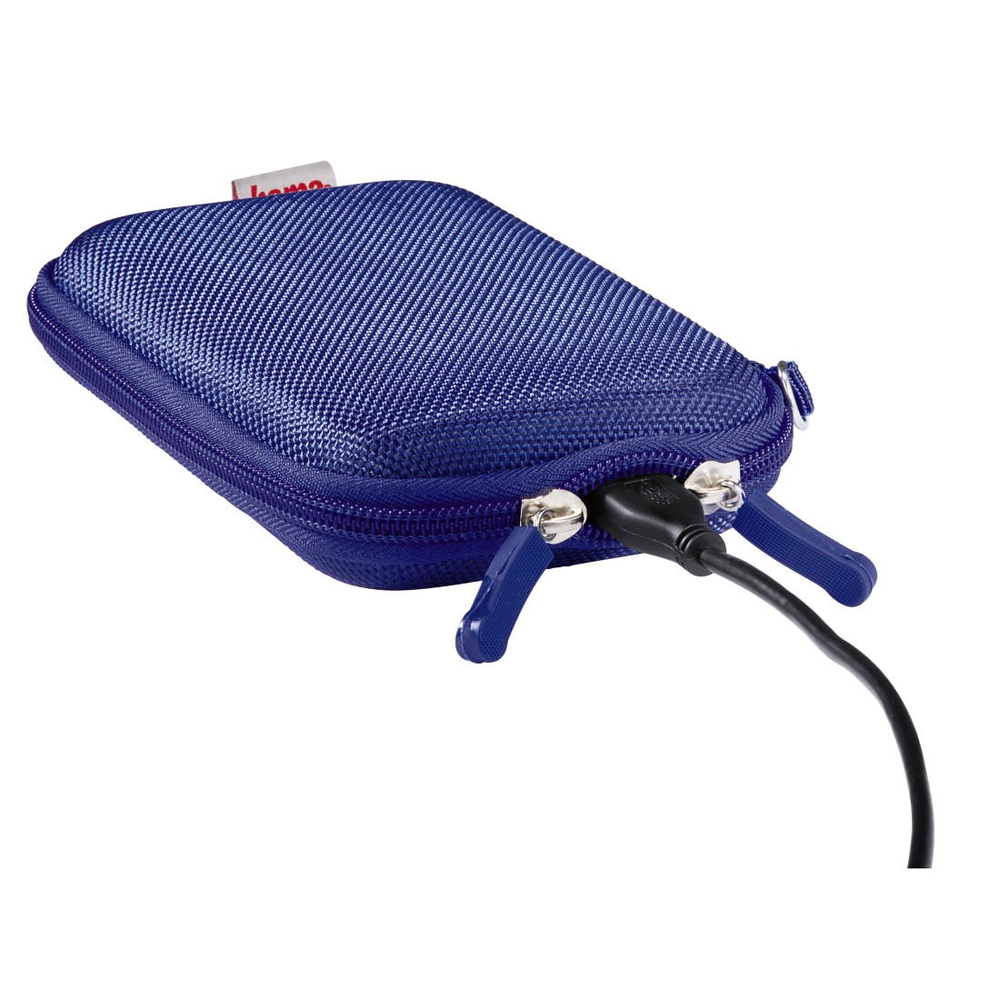 Funda de transporte azul con cremallera con un cable USB que se extiende.