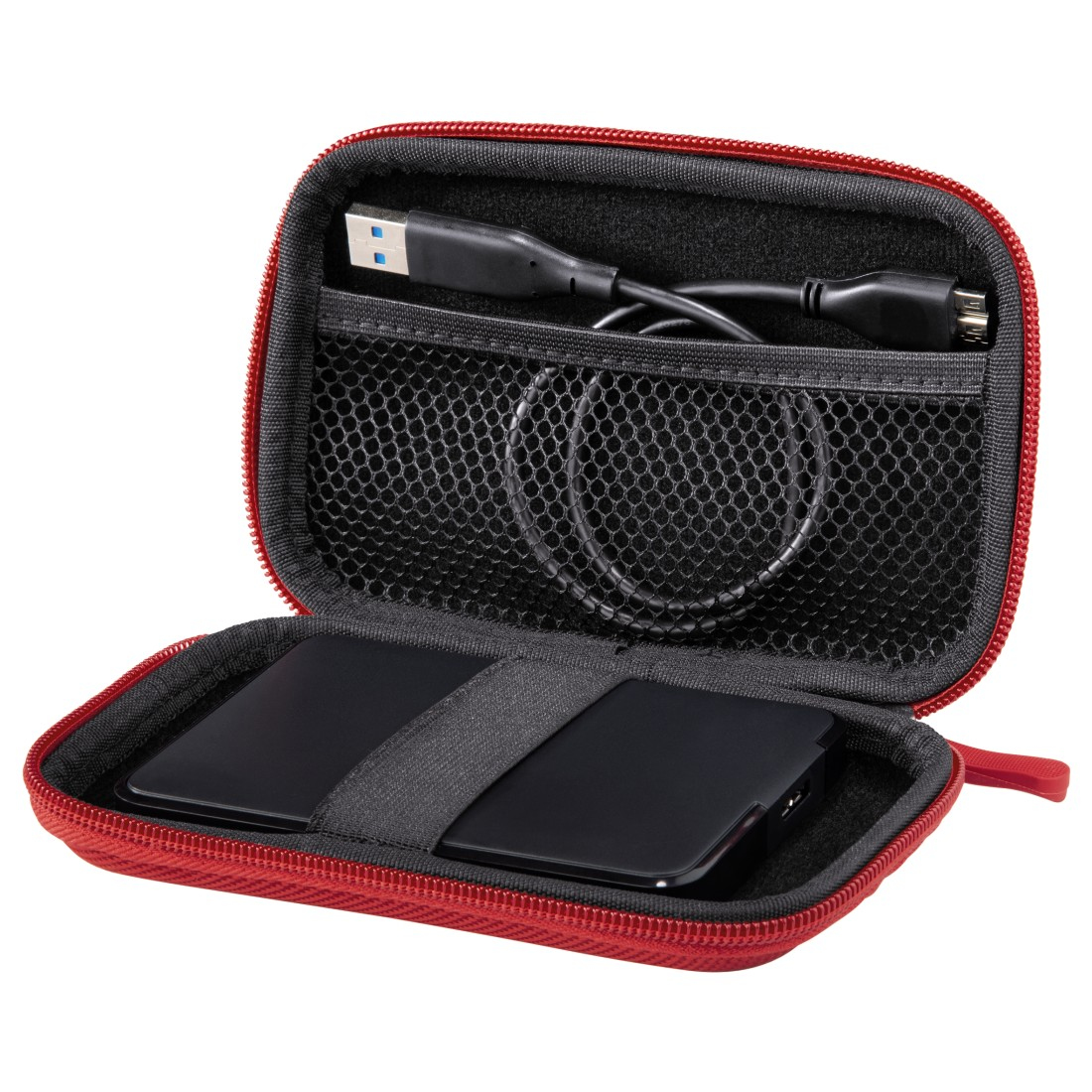 Una funda roja con interior negro, con cables negros y dos discos duros negros.