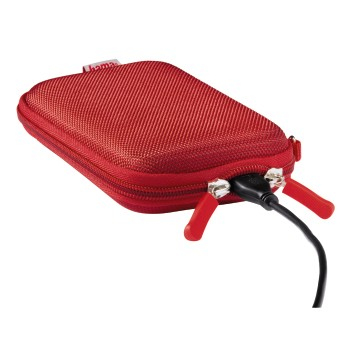 Funda roja con cremallera, cable negro con pinzas. Fondo blanco.