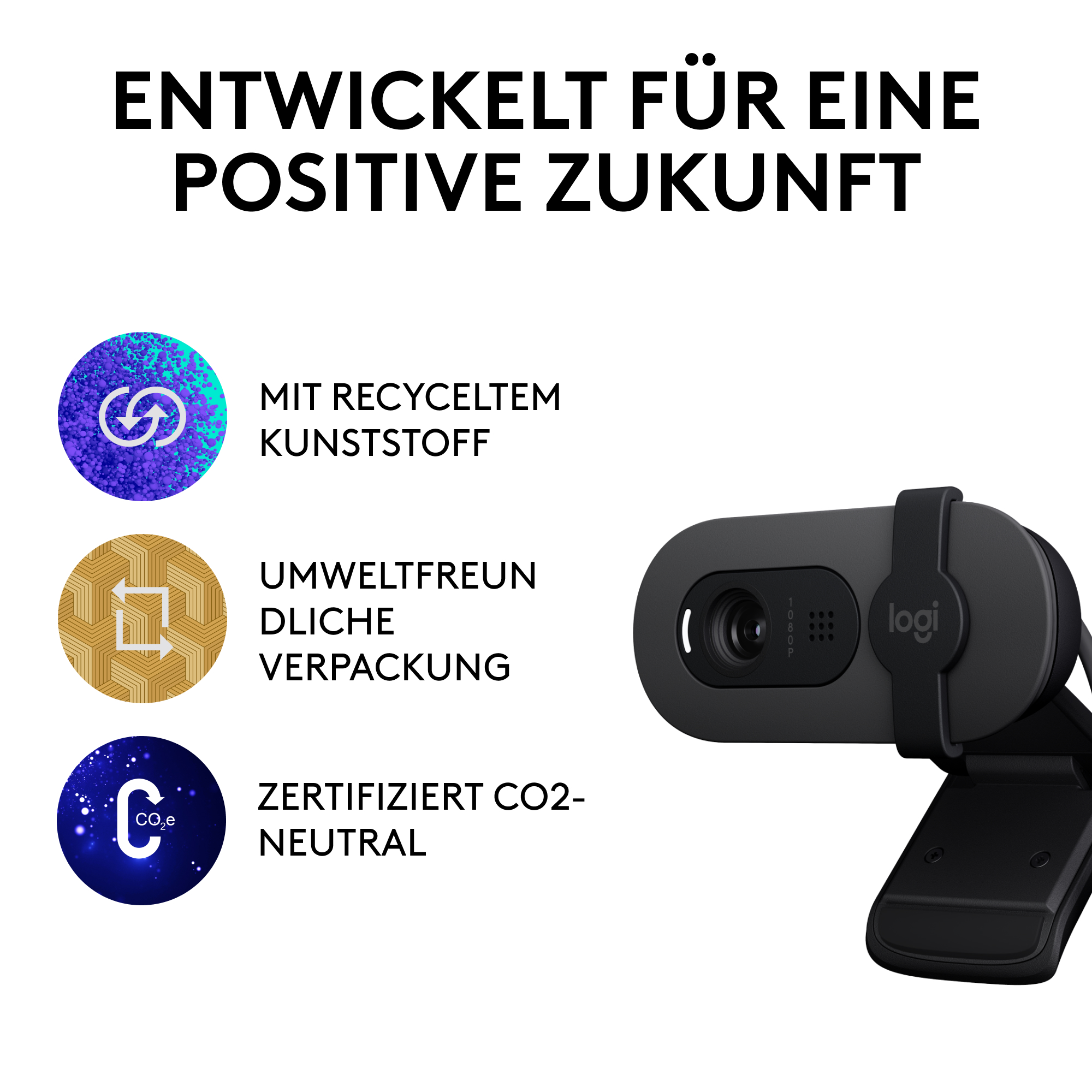 Webcam mit Text über positive Zukunft, Verwendung von recyceltem Kunststoff, umweltfreundliche Verpackung.