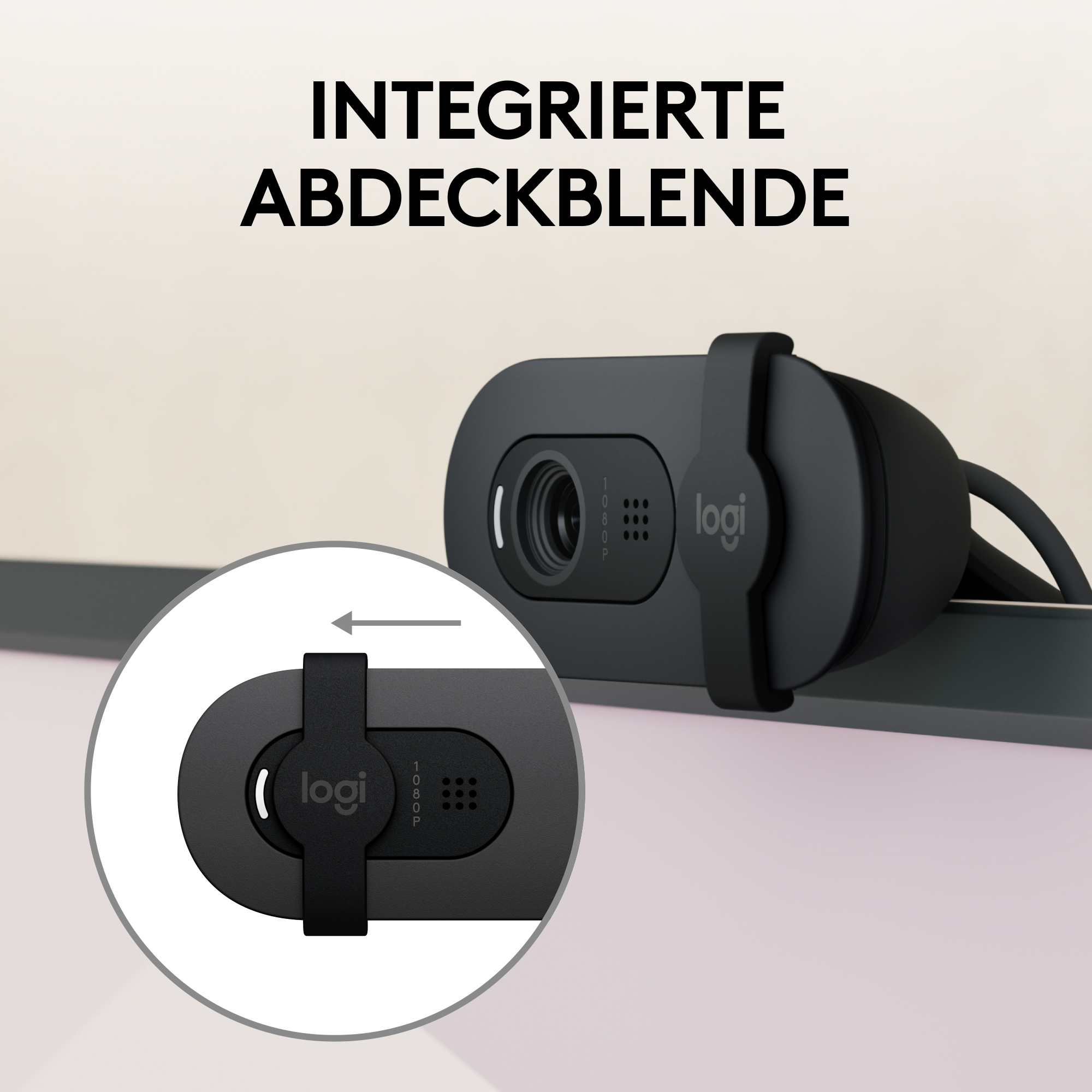 Eine schwarze Webcam mit Abdeckung, mit Text: INTEGRIERTE ABDECKBLENDE. Ein Bild zeigt die geschlossene Abdeckung.