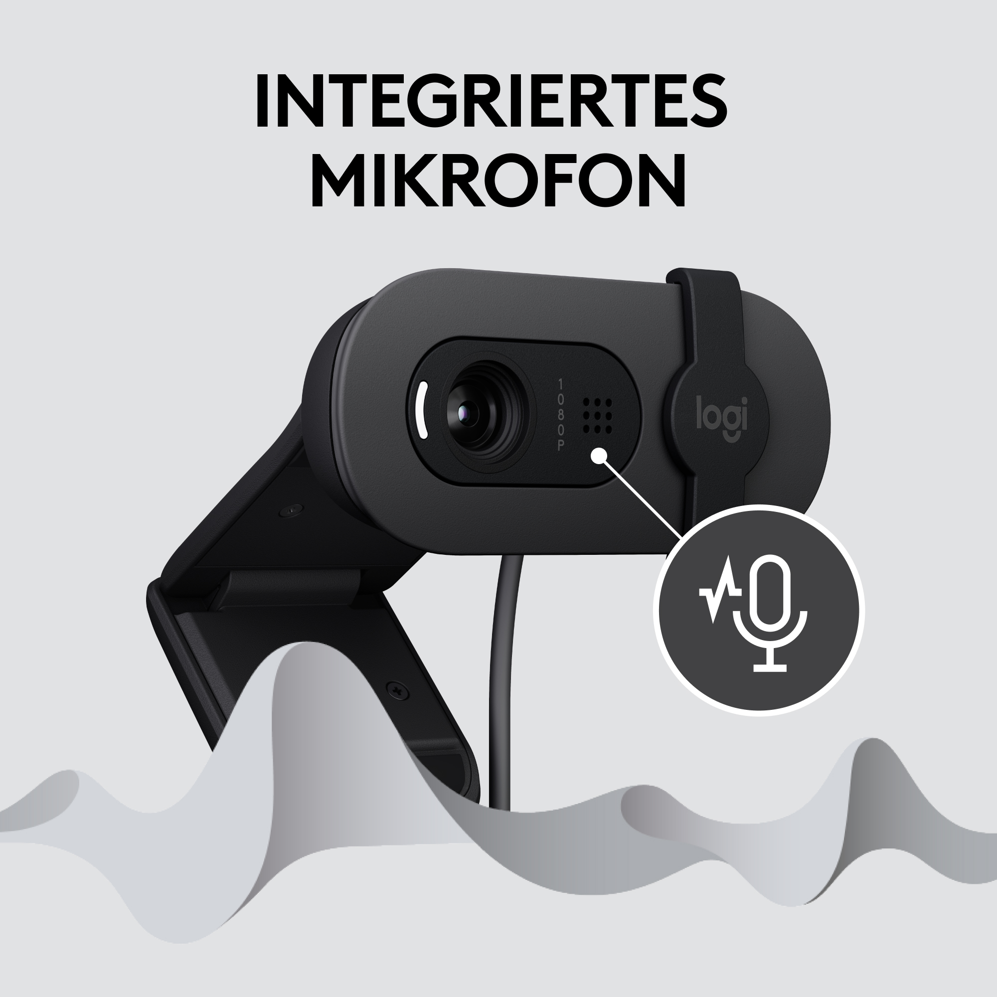 Schwarze Webcam mit integriertem Mikrofon. Grauer Hintergrund mit weißem Text.