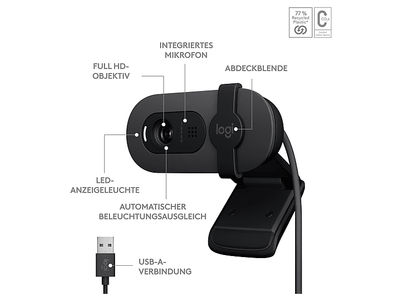 LOGITECH Brio 100 Full HD-Webcam mit 1080p und Belichtungskorrektur, Abdeckblende, Mikrofon, USB, Grafit — Foto 5 von 5