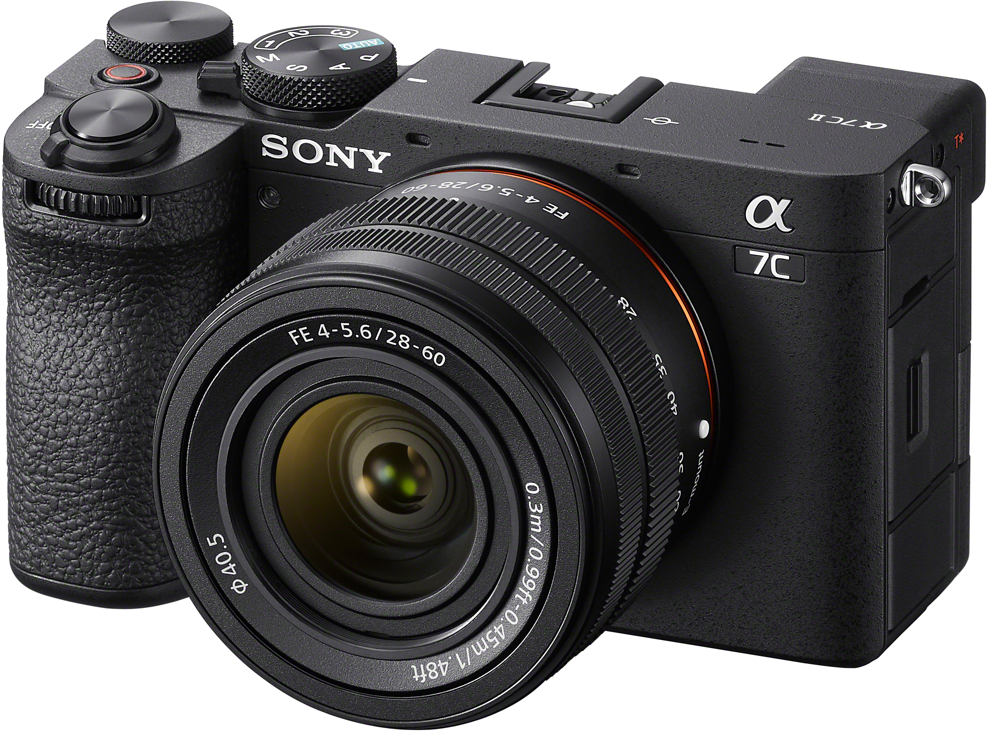 Una fotocamera nera con obiettivo, montata su sfondo nero, con l'etichetta 'SONY'.