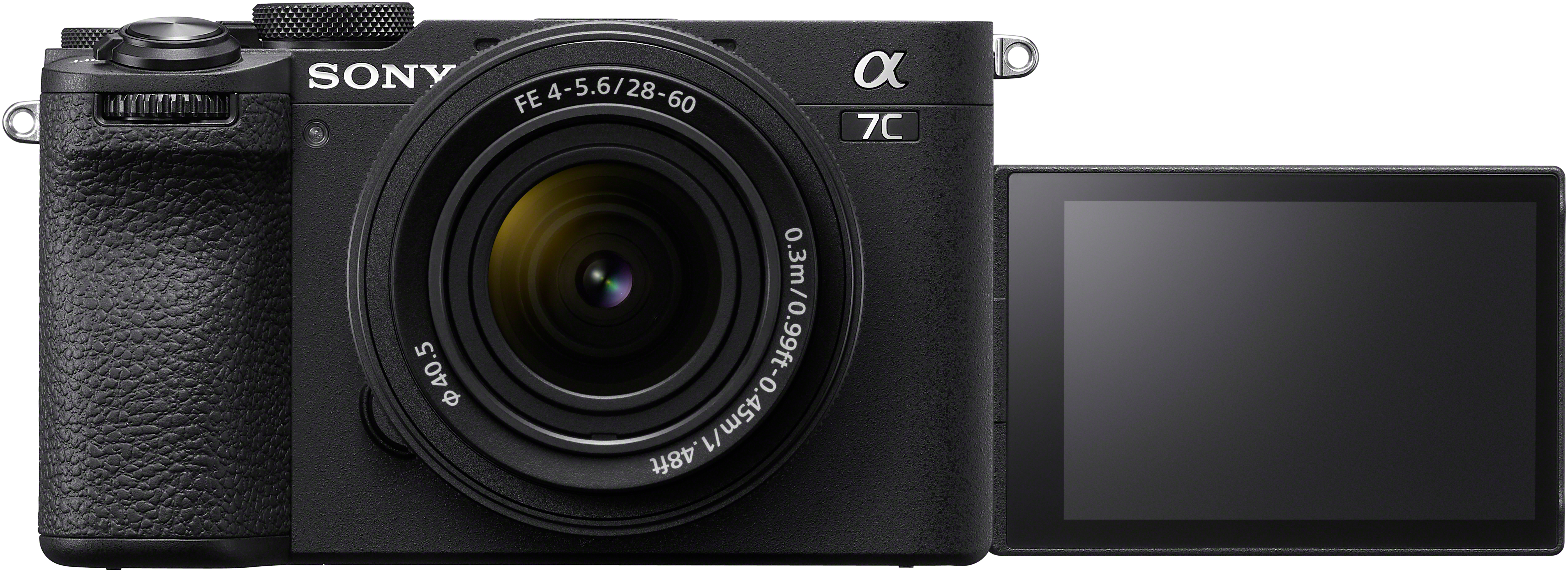 Fotocamera Sony Alpha 7C nera con schermo aperto. Con obiettivo e ghiere di controllo.