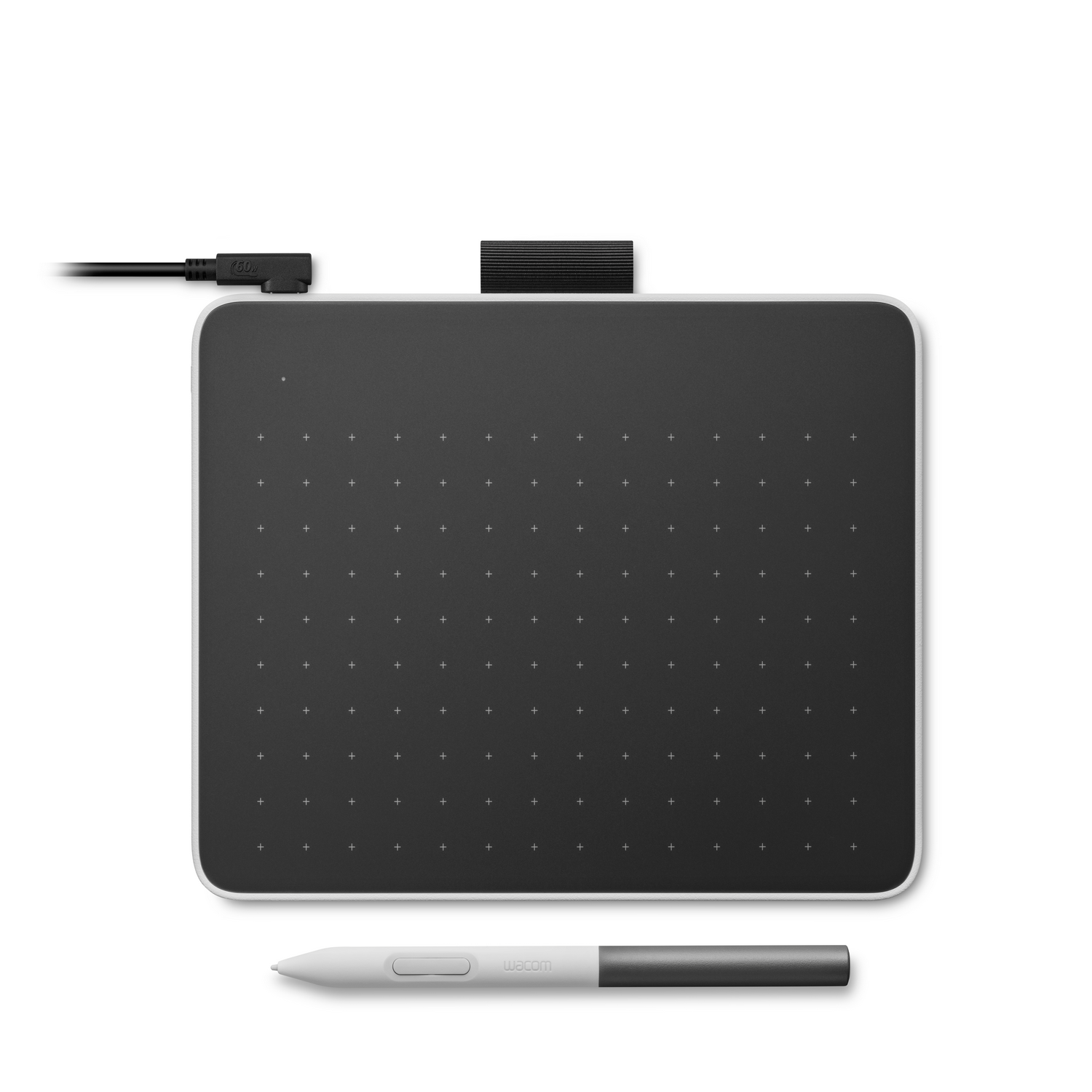 Black graphics tablet with pen. Pen is white and black. Tablet has plus signs.