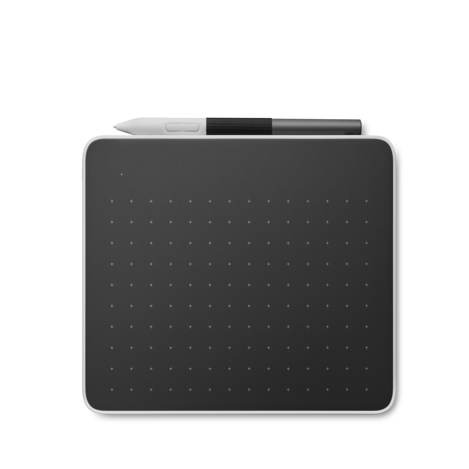 A black drawing tablet with a white border and a stylus pen resting on top, against a white background.