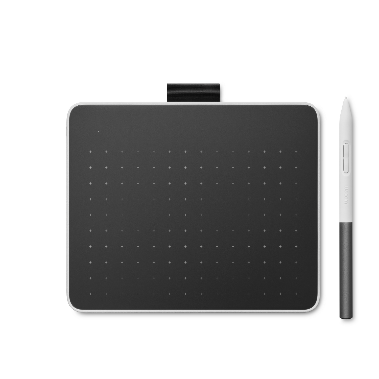 A black drawing tablet with a white outline, and a white and grey stylus.