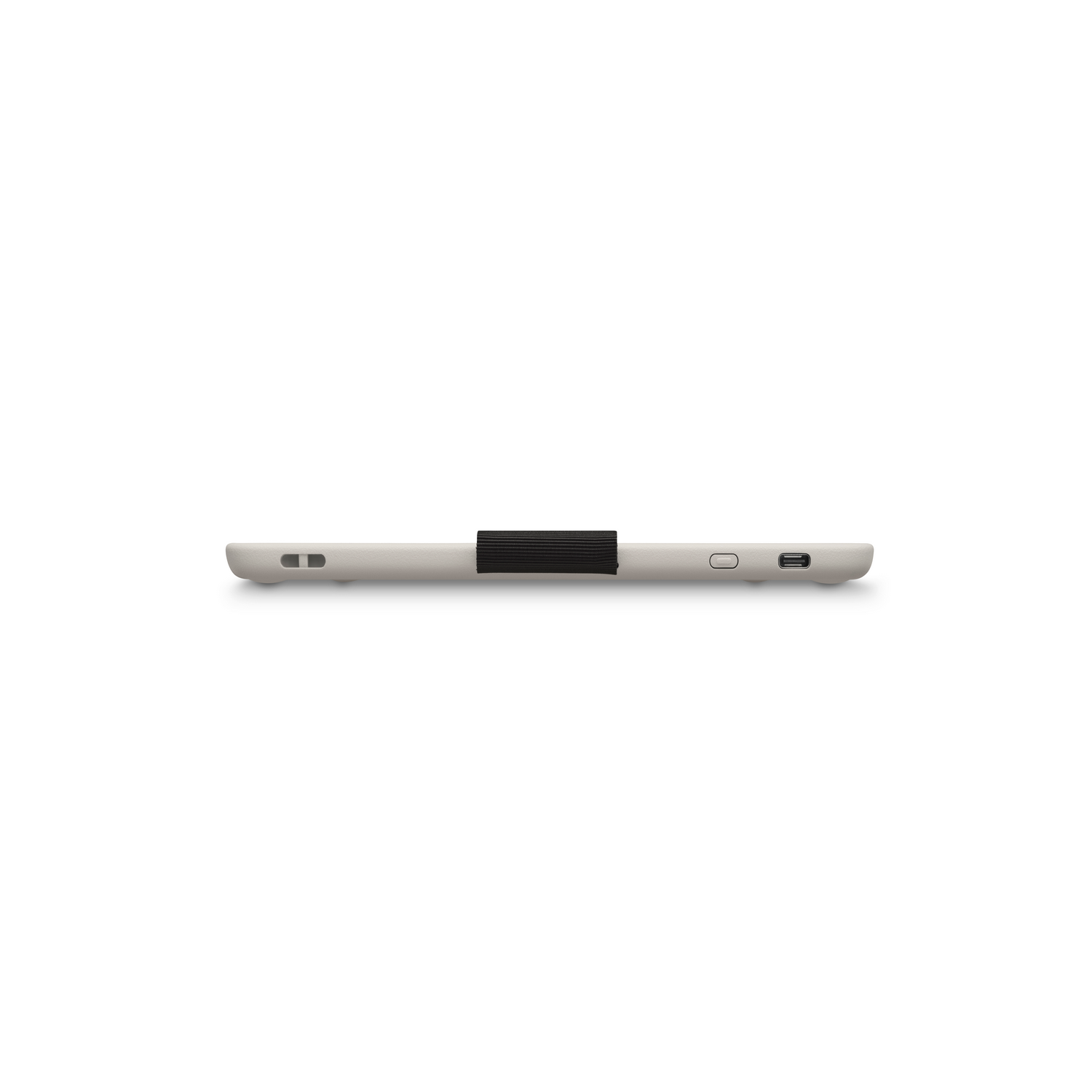 A side view of a white tablet with a black stripe and ports.