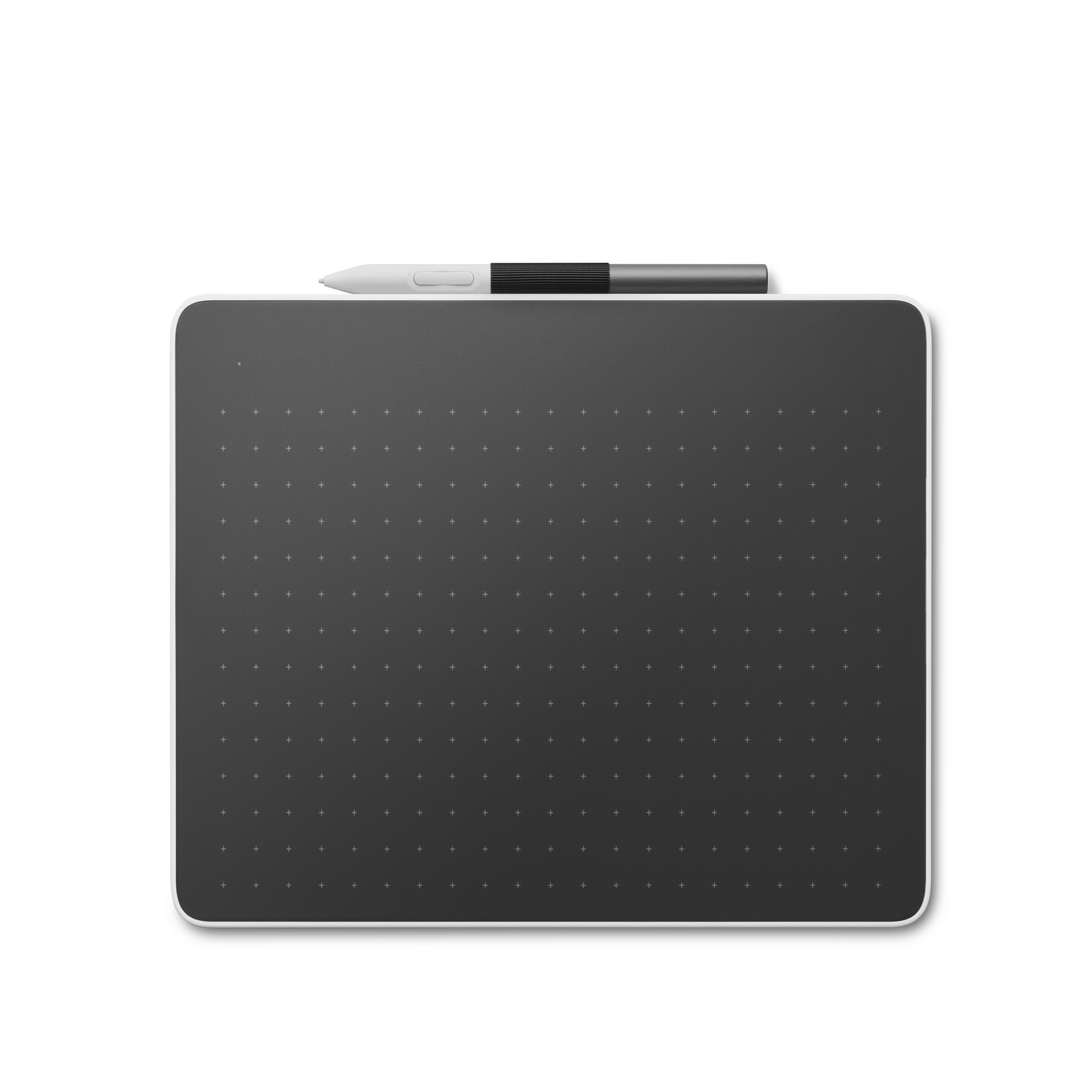 Black graphic tablet with a stylus on a white background.