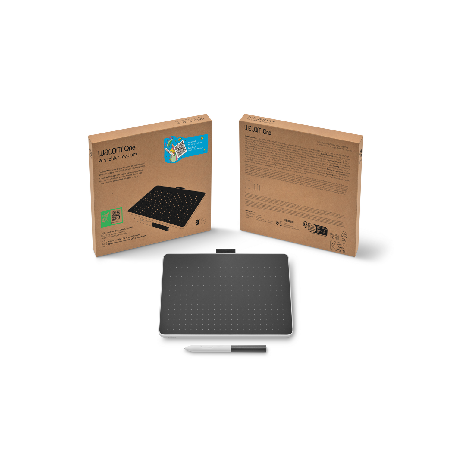 Wacom One Pen Tablet with packaging. Tablet and pen are on a white background.