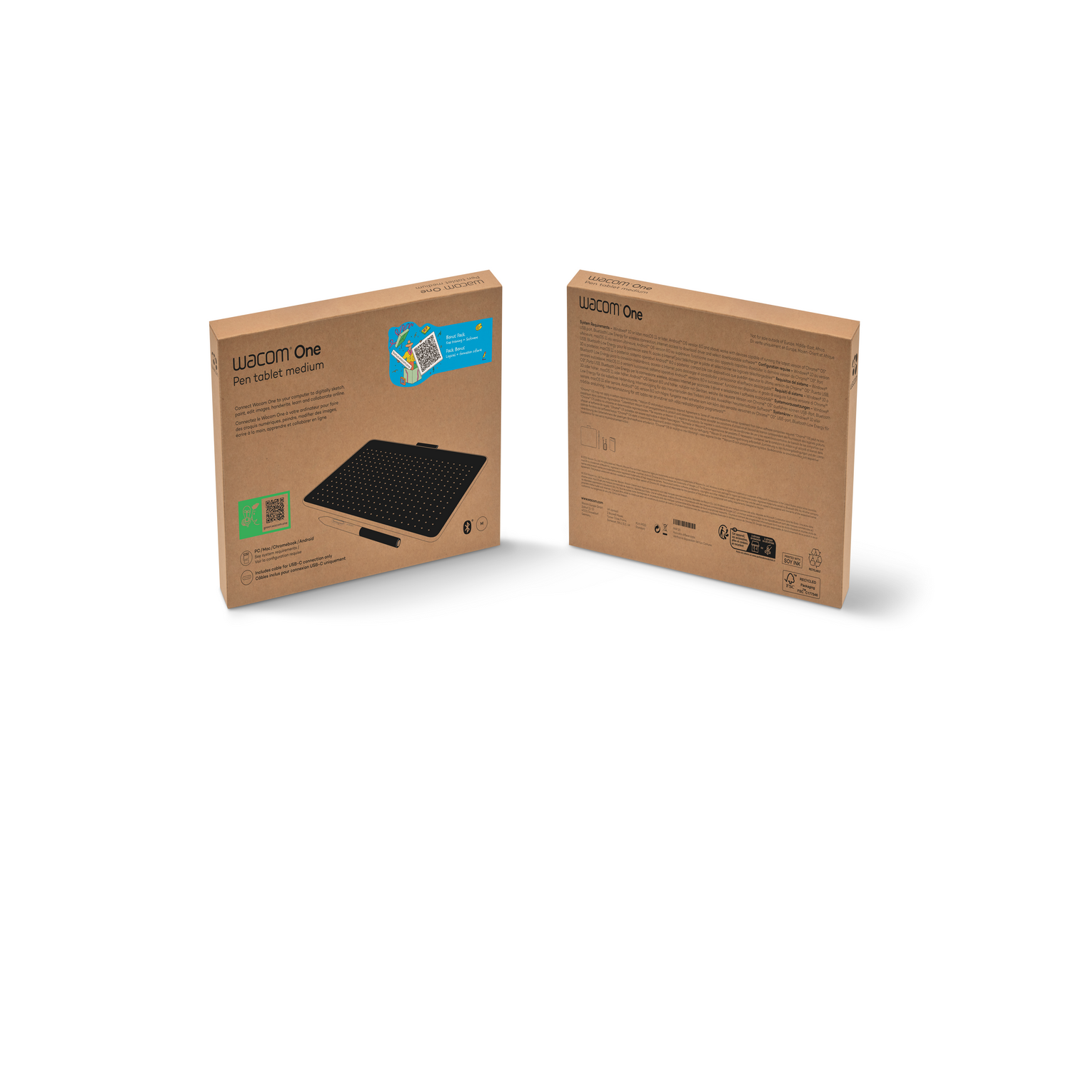 Two Wacom One pen tablet boxes, front and back. White background. Text and graphics.