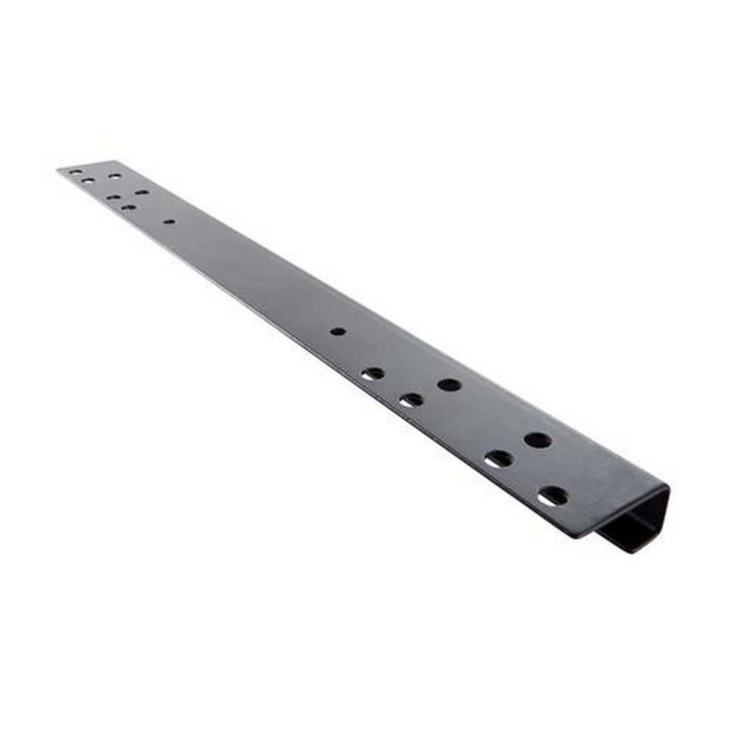 Un long support métallique sombre avec des trous. Il a une forme rectangulaire.
