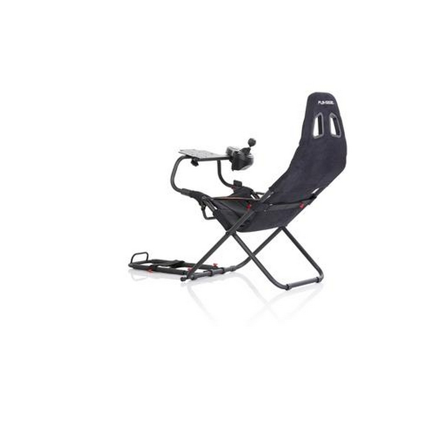 Siège de course avec un siège noir et une petite table. La chaise est noire et la base est en métal.