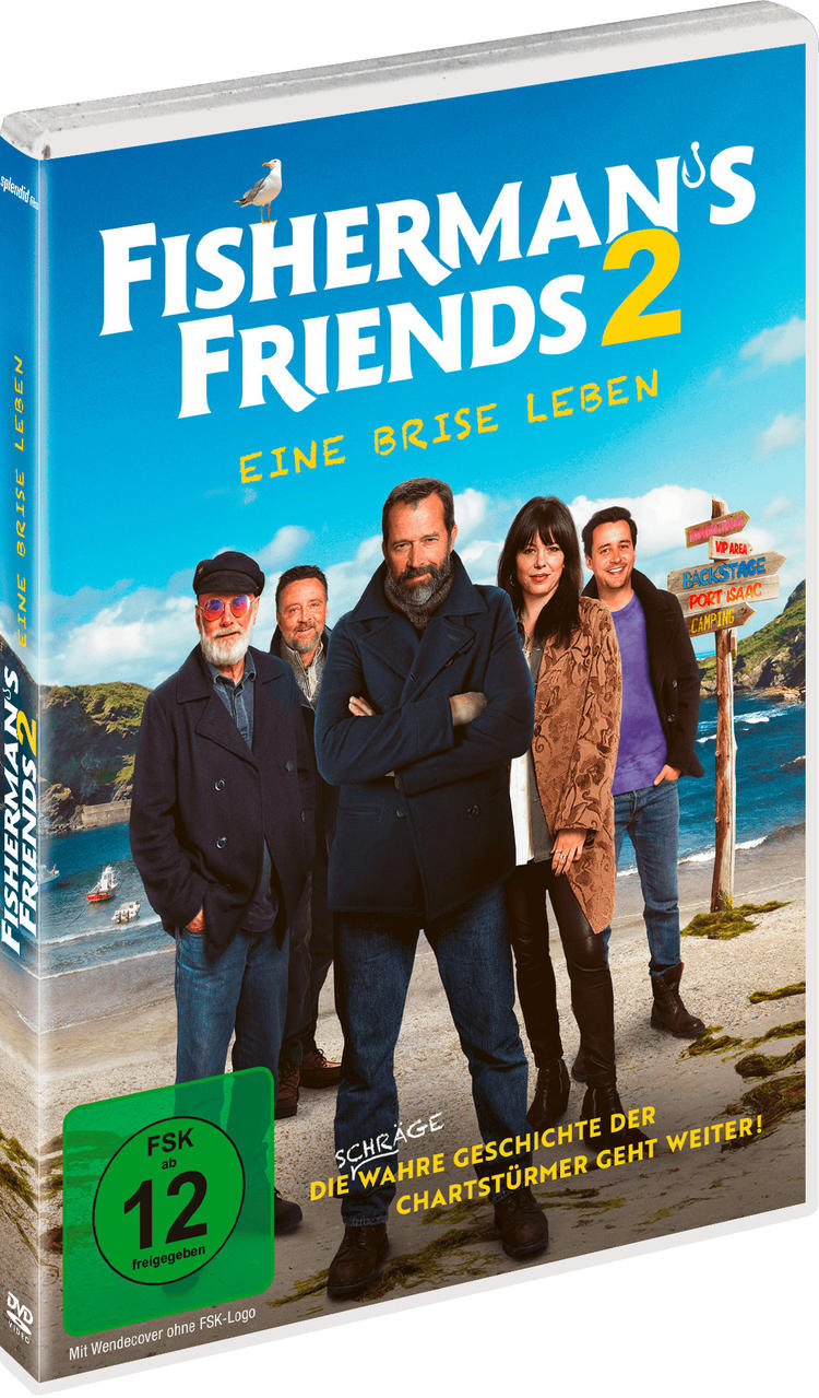 DVD-Hülle mit einer Gruppe von Leuten auf dem Cover, blauem Himmel und einem Boot. Text: Fisherman's Friends.