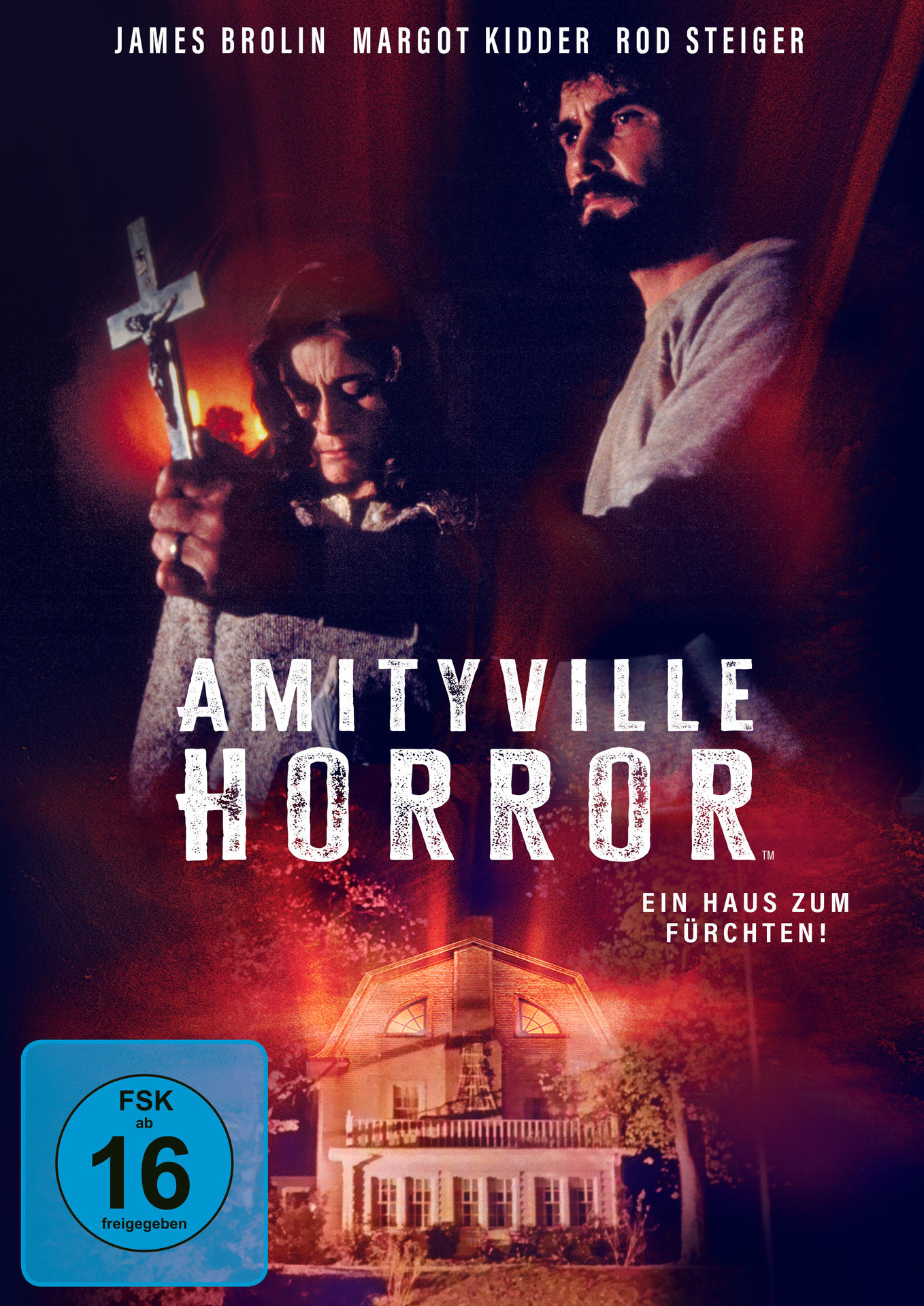 Filmplakat. Ein Mann und eine Frau. Titel: Amityville Horror. Ein Haus im Hintergrund, mit Kreuz.