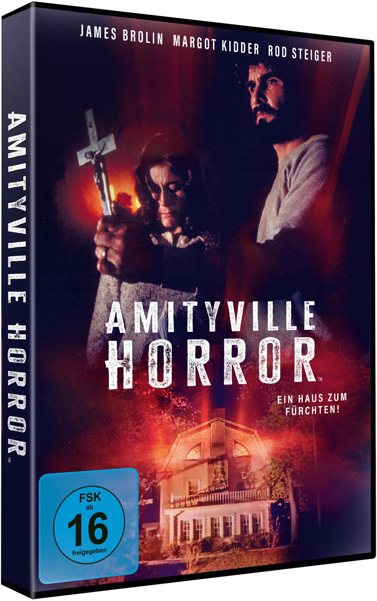 Amityville Horror DVD-Cover mit Schauspielern. Ein brennendes Haus im Hintergrund. Blaues FSK-Logo.