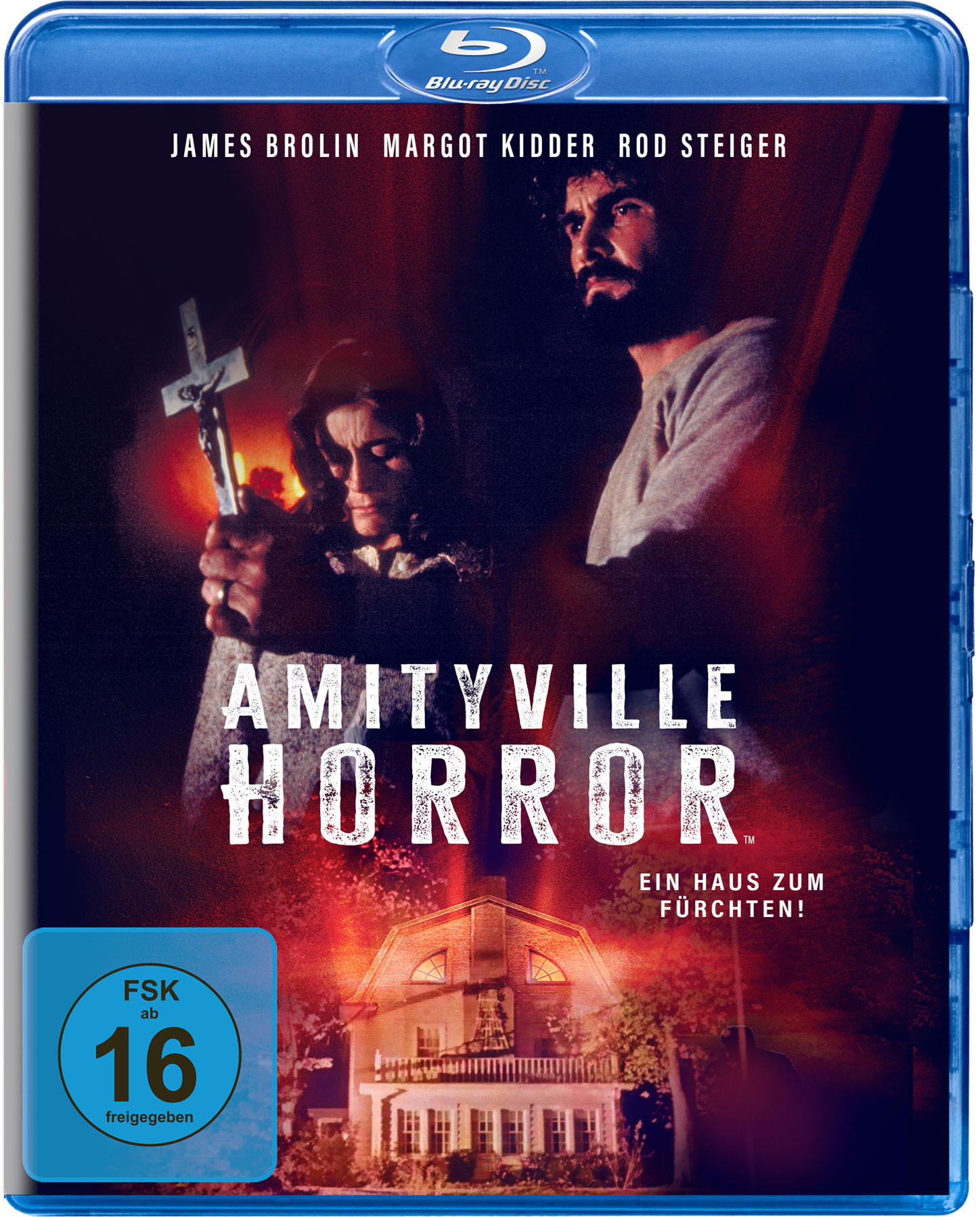 Blu-ray-Cover, Film 'Amityville Horror', zwei Personen im Dunkeln, Haus in Flammen.