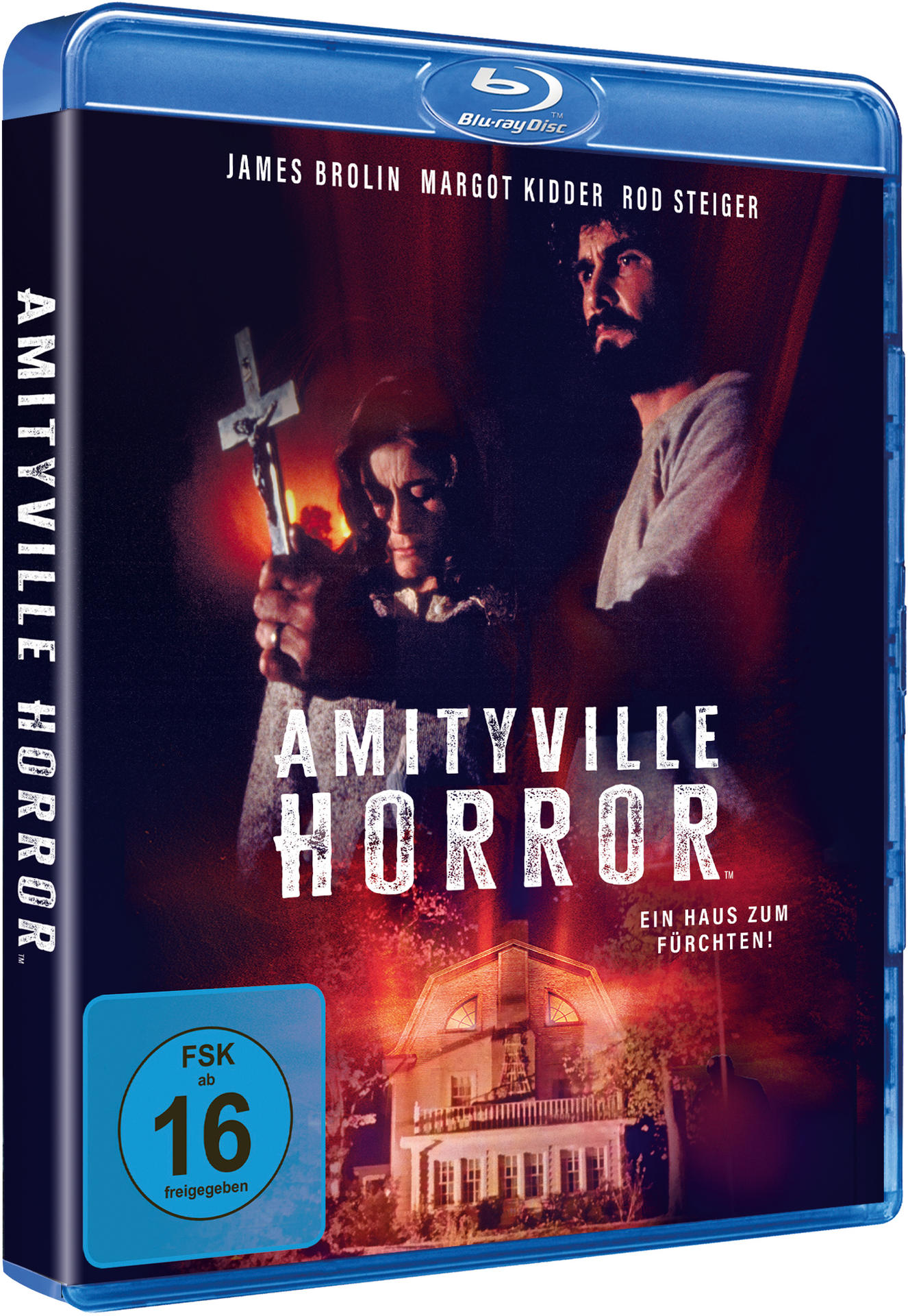Blu-ray-Cover von "Amityville Horror" mit einem Haus und einem Mann und einer Frau.