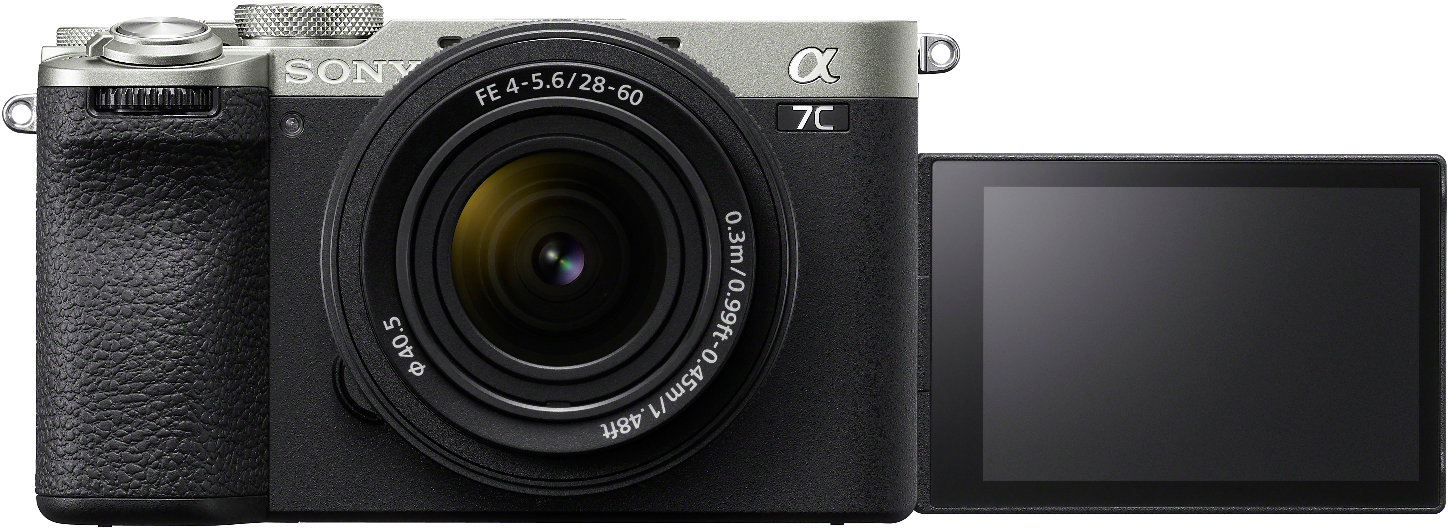 Fotocamera Sony Alpha 7C nera con obiettivo e schermo ribaltabile. Fotocamera angolata.