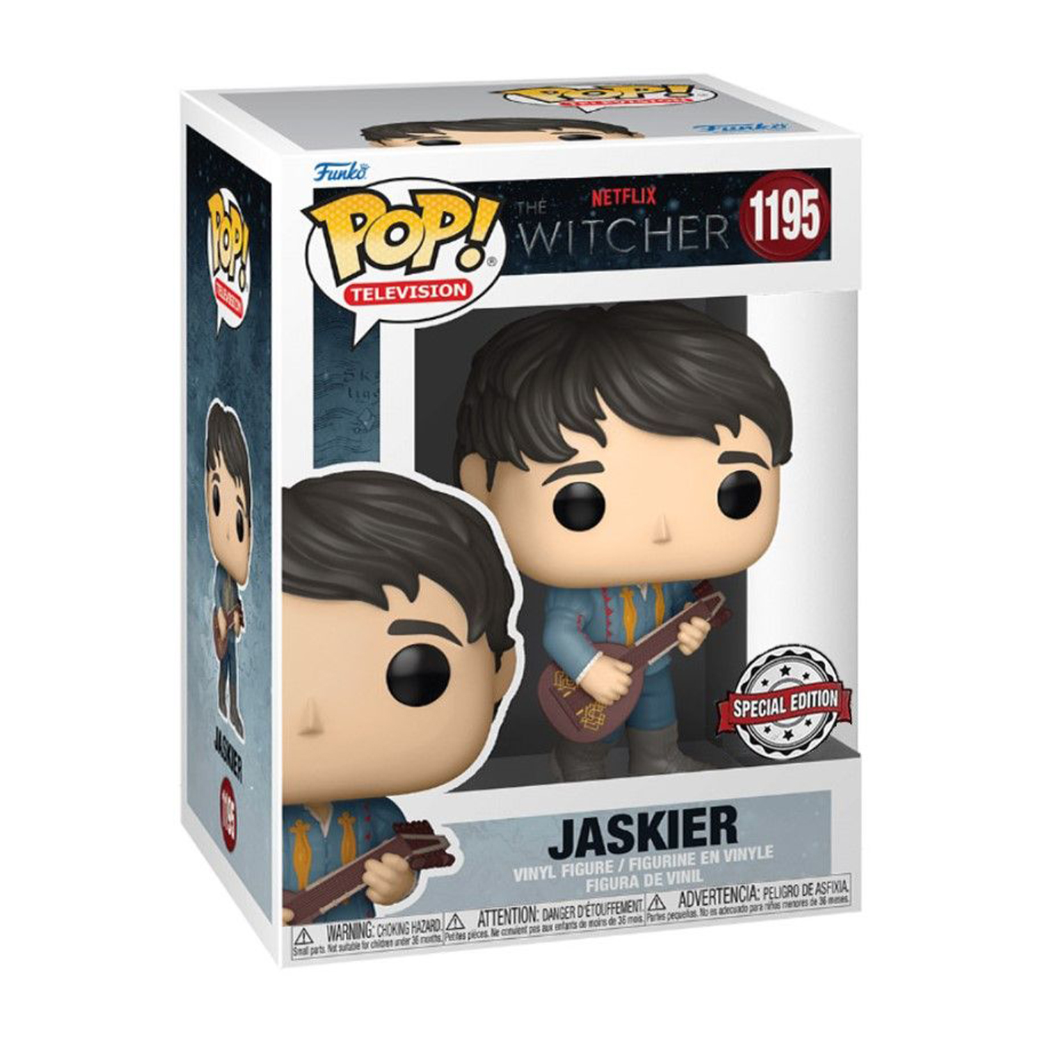Una scatola Funko Pop con una statuina di Jaskier da The Witcher. La scatola contiene immagini del personaggio.
