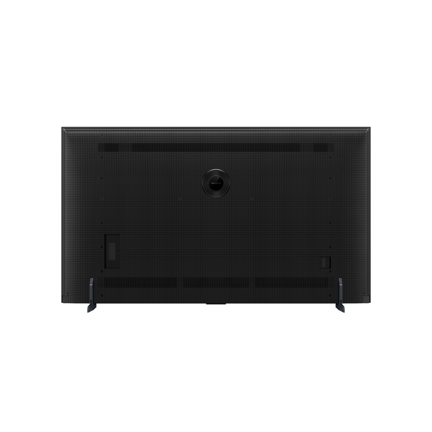 Back of a black TV. It has a large, perforated back with a central logo and two stand mounts.
