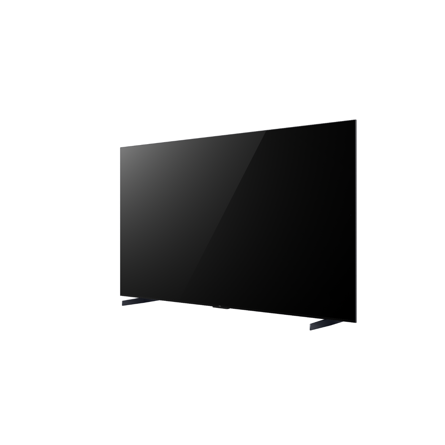 A black television screen on a black background, with a thin stand, viewed from a side angle.