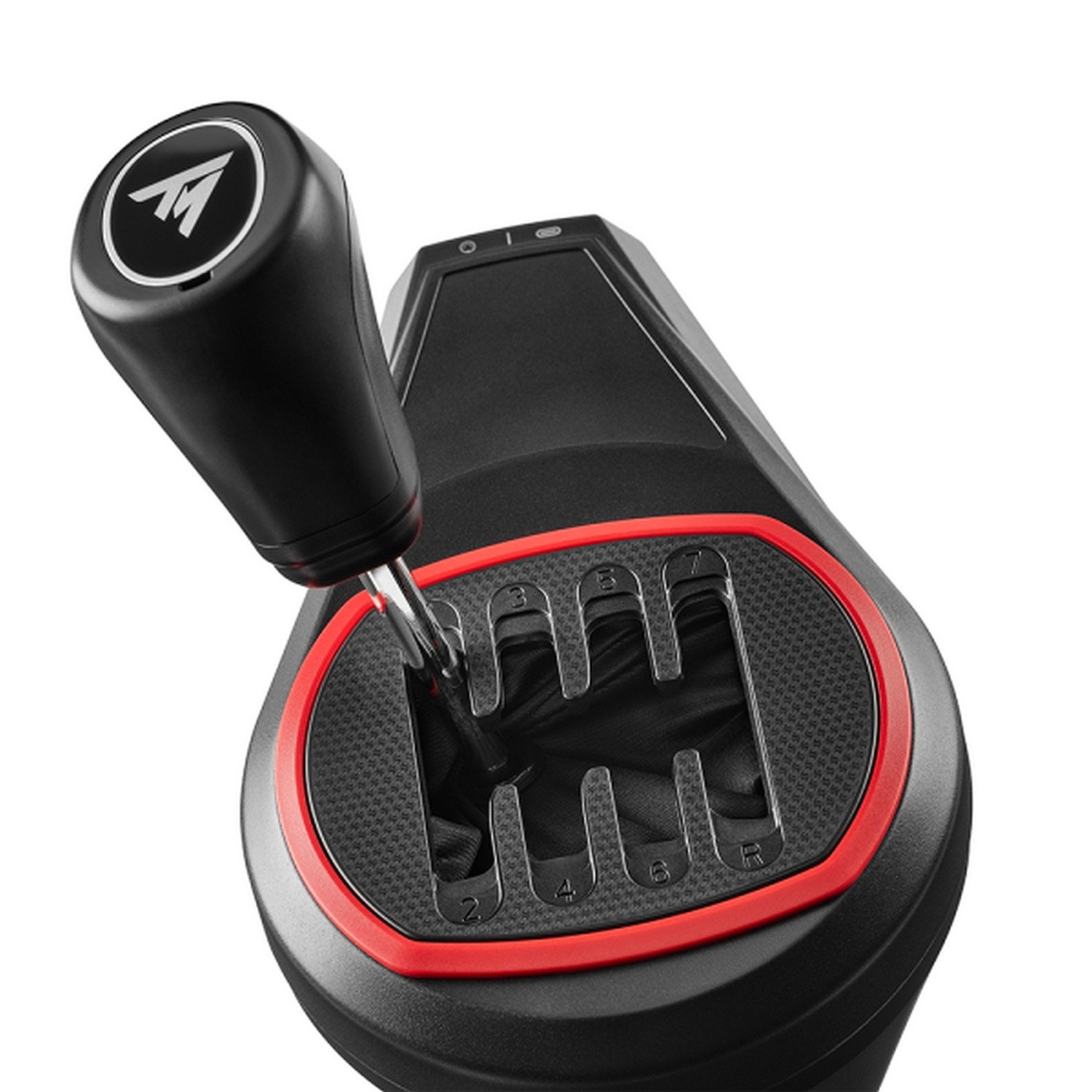 A black gear shift with a red detail. It has numbers and a logo. The background is white.