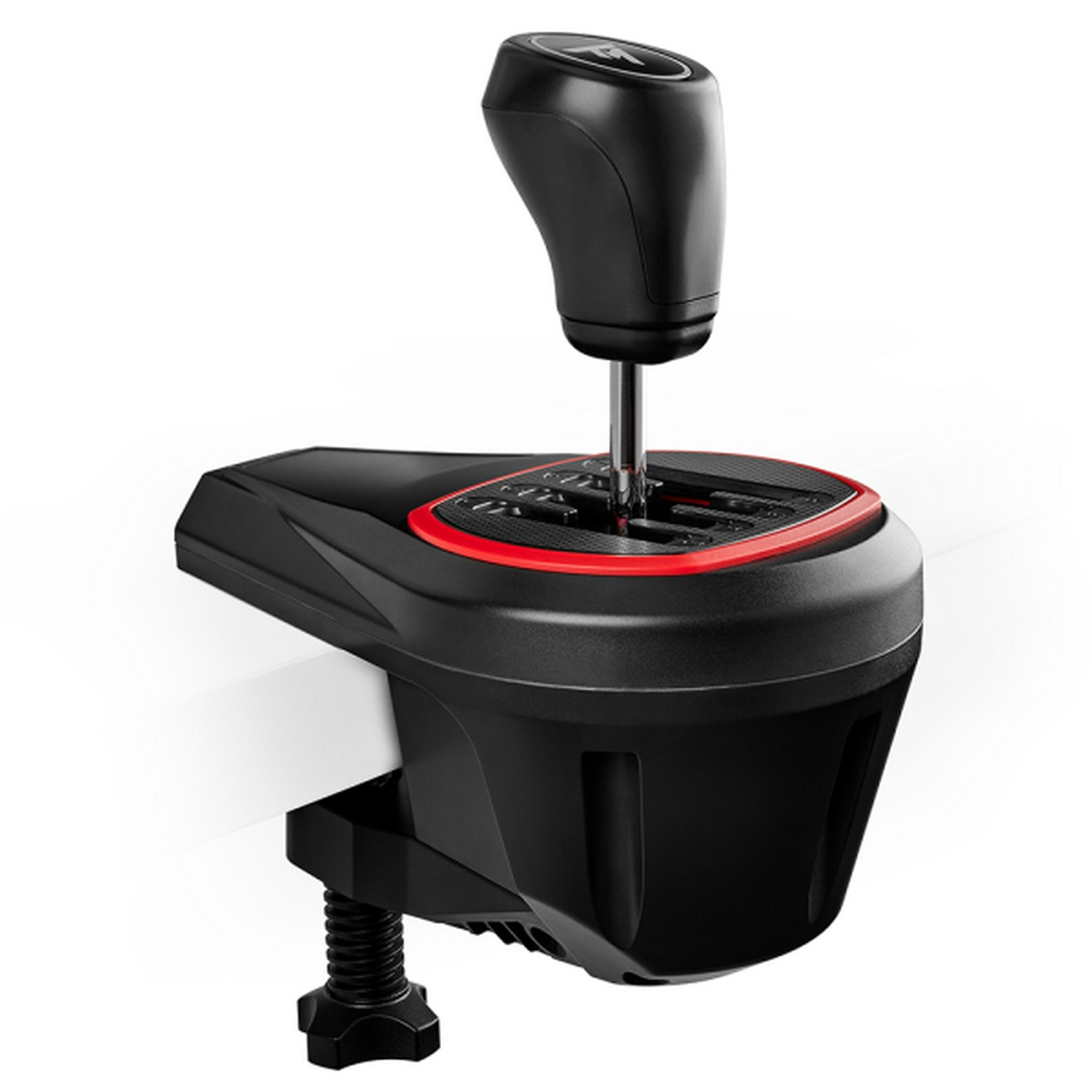Black and red gear shift, mounted on a white surface, with a black base and a red trim.