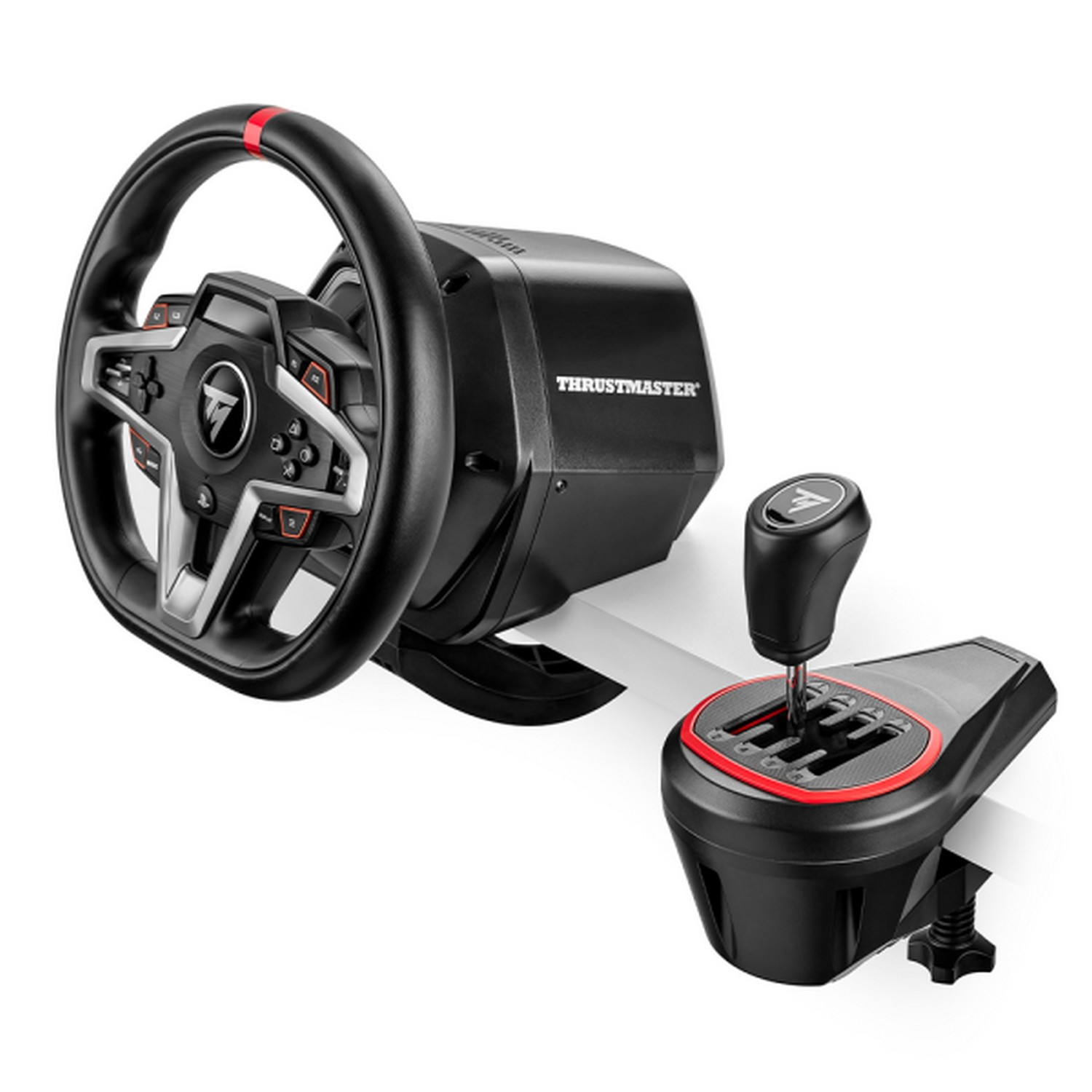 Racing wheel and shifter on a white surface.