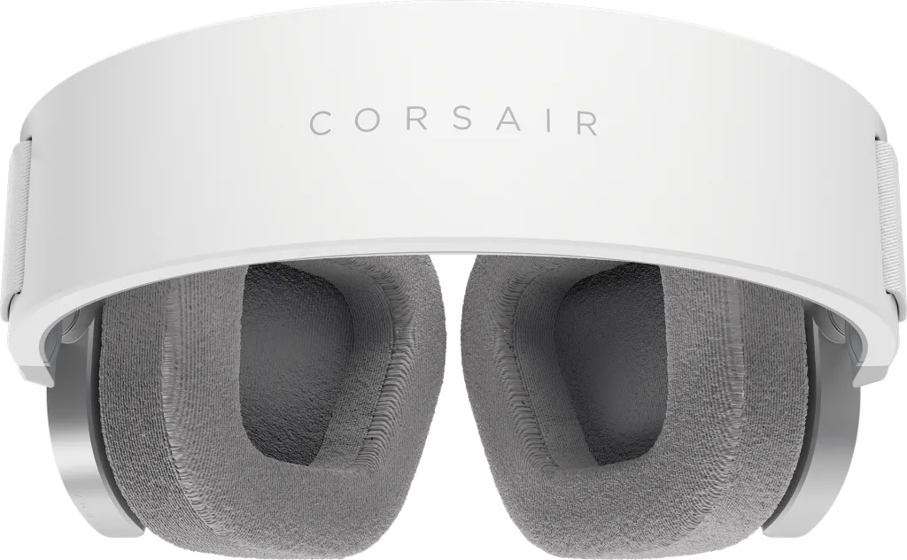 Weißes Corsair-Headset, das das obere Band mit dem Wort CORSAIR und die grauen Ohrmuscheln zeigt.