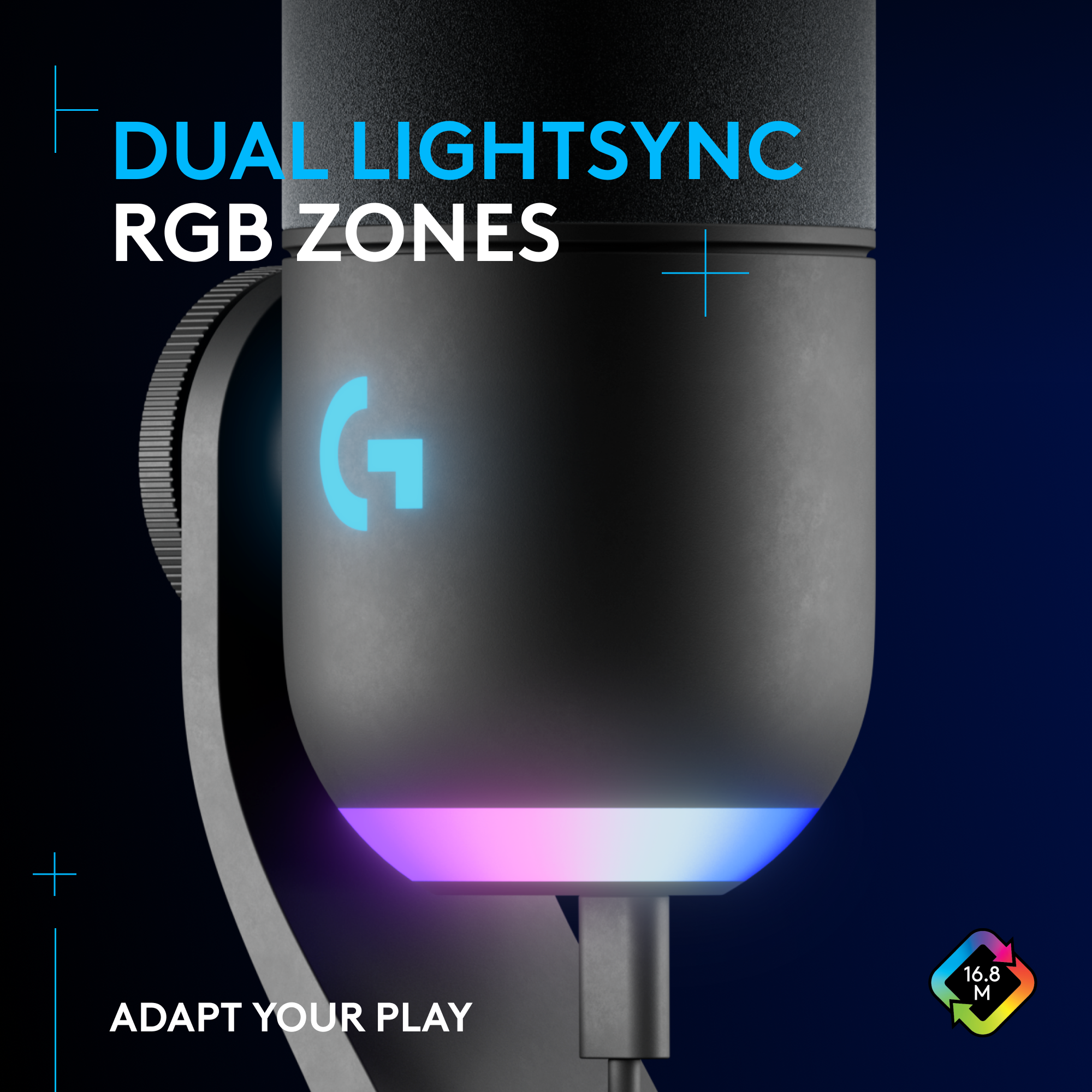 Schwarzes Mikrofon mit RGB-Beleuchtung am unteren Rand und blauem Logo.