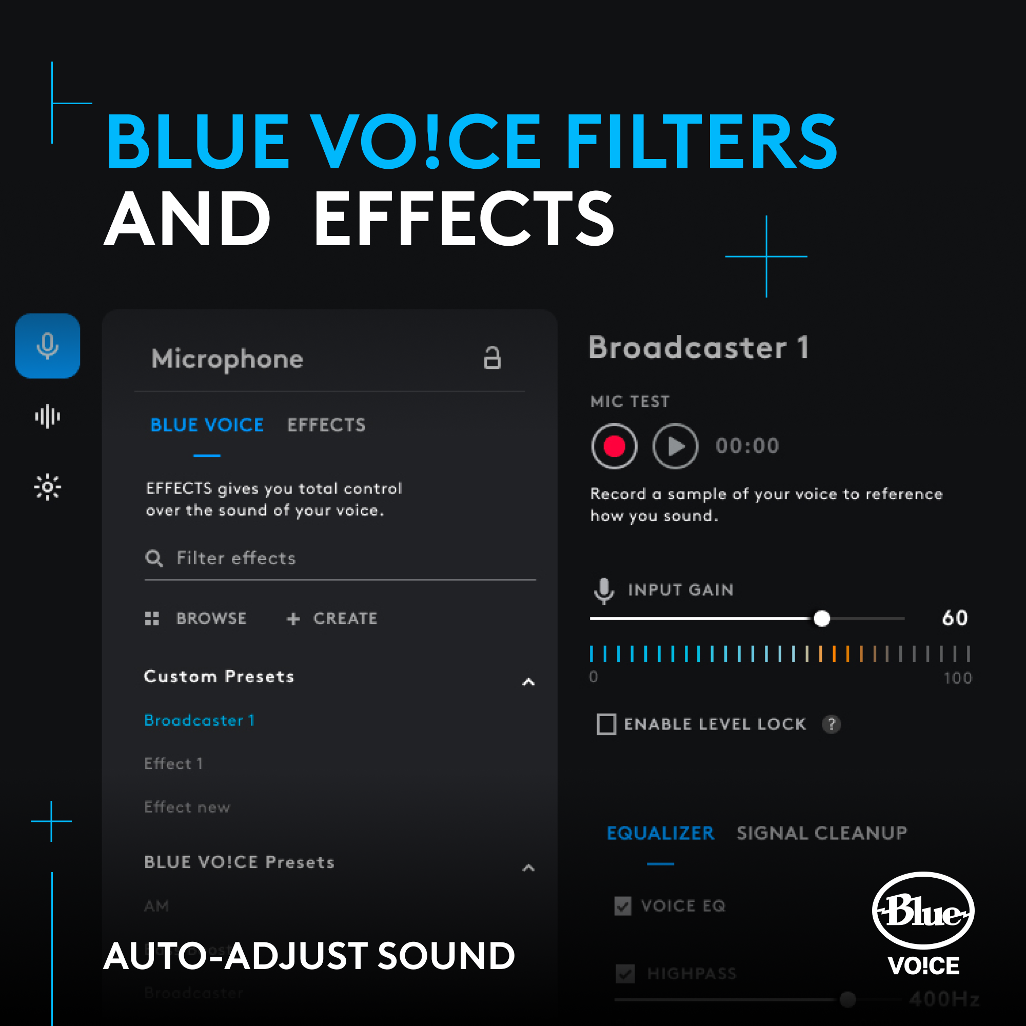 Blue VO!CE Softwareoberfläche, die Mikrofoneinstellungen und Effekte zeigt.