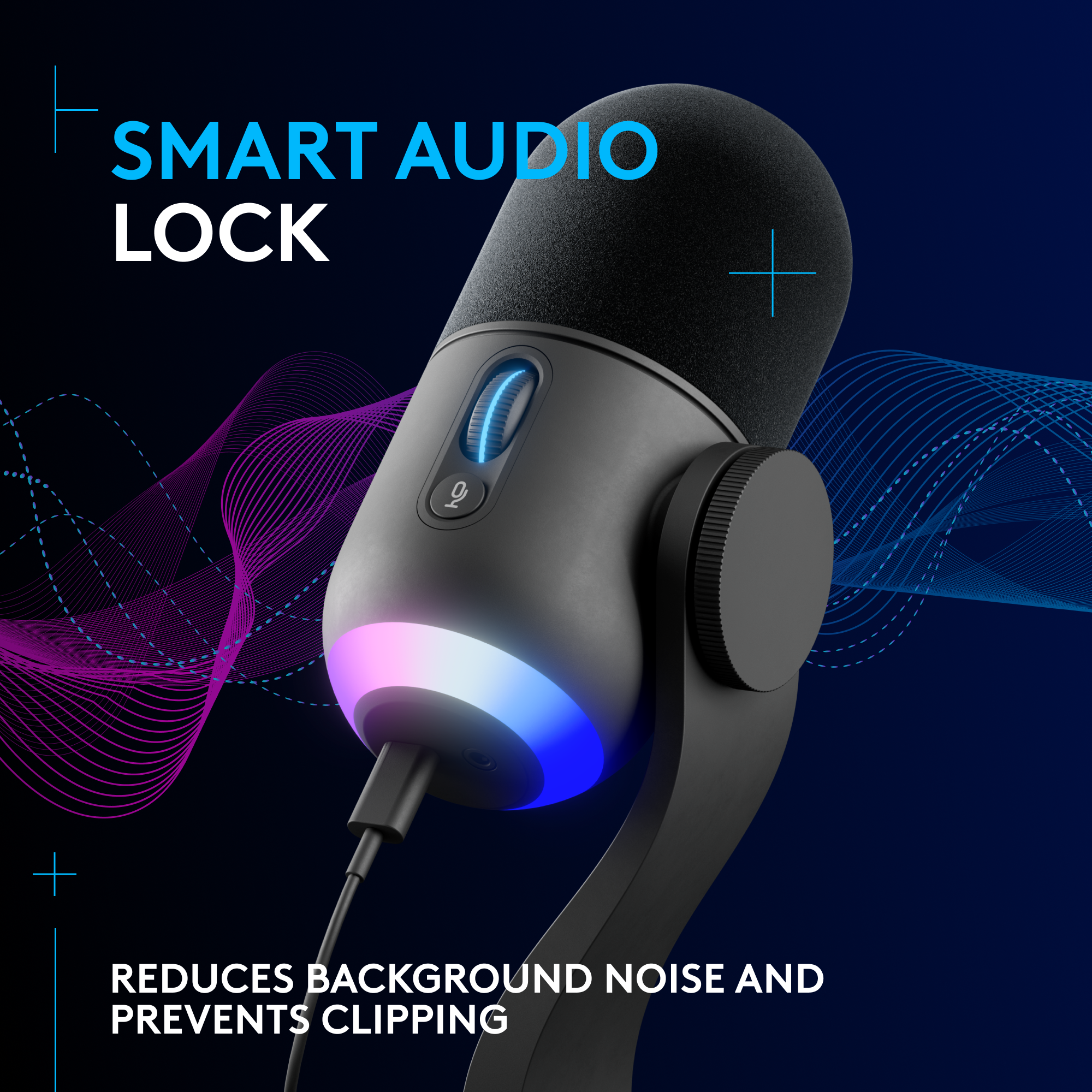 Ein schwarzes Mikrofon mit blauem und rosa Licht, mit dem Text 'SMART AUDIO LOCK'.