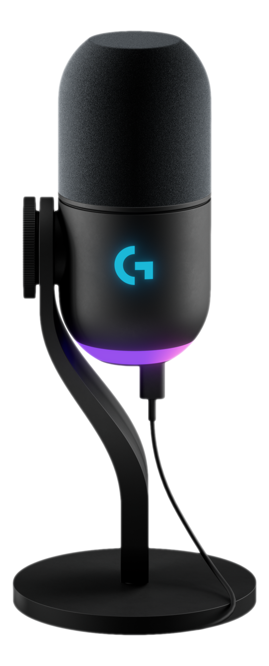 Ein schwarzes Mikrofon auf einem Ständer. Das Markenlogo 'G' ist beleuchtet. Der Sockel hat lila und blaue Lichter.