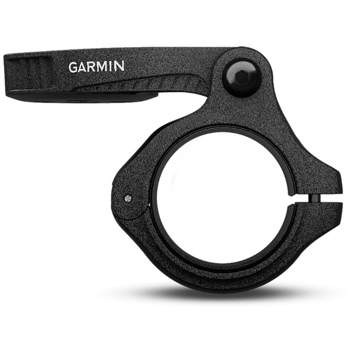 Support de vélo Garmin noir. Comprend le logo Garmin. Montre une fixation circulaire.
