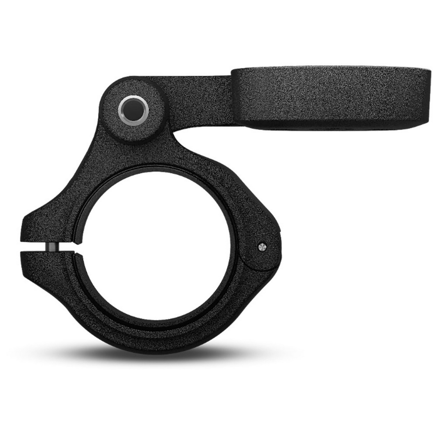 Support de vélo noir avec une ouverture circulaire et un bras pivotant sur fond blanc.