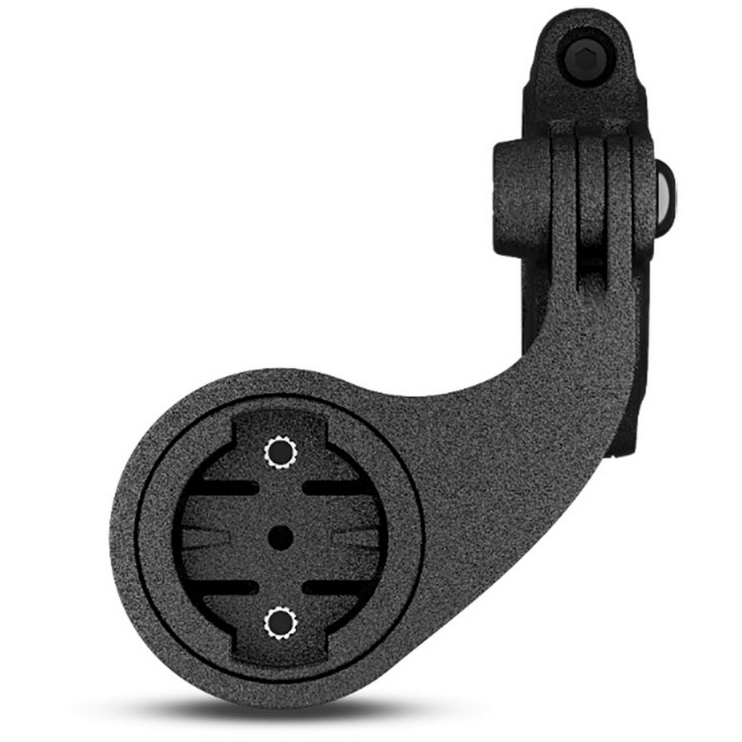 Support de vélo noir avec une base circulaire et un bras vertical, sur fond blanc.
