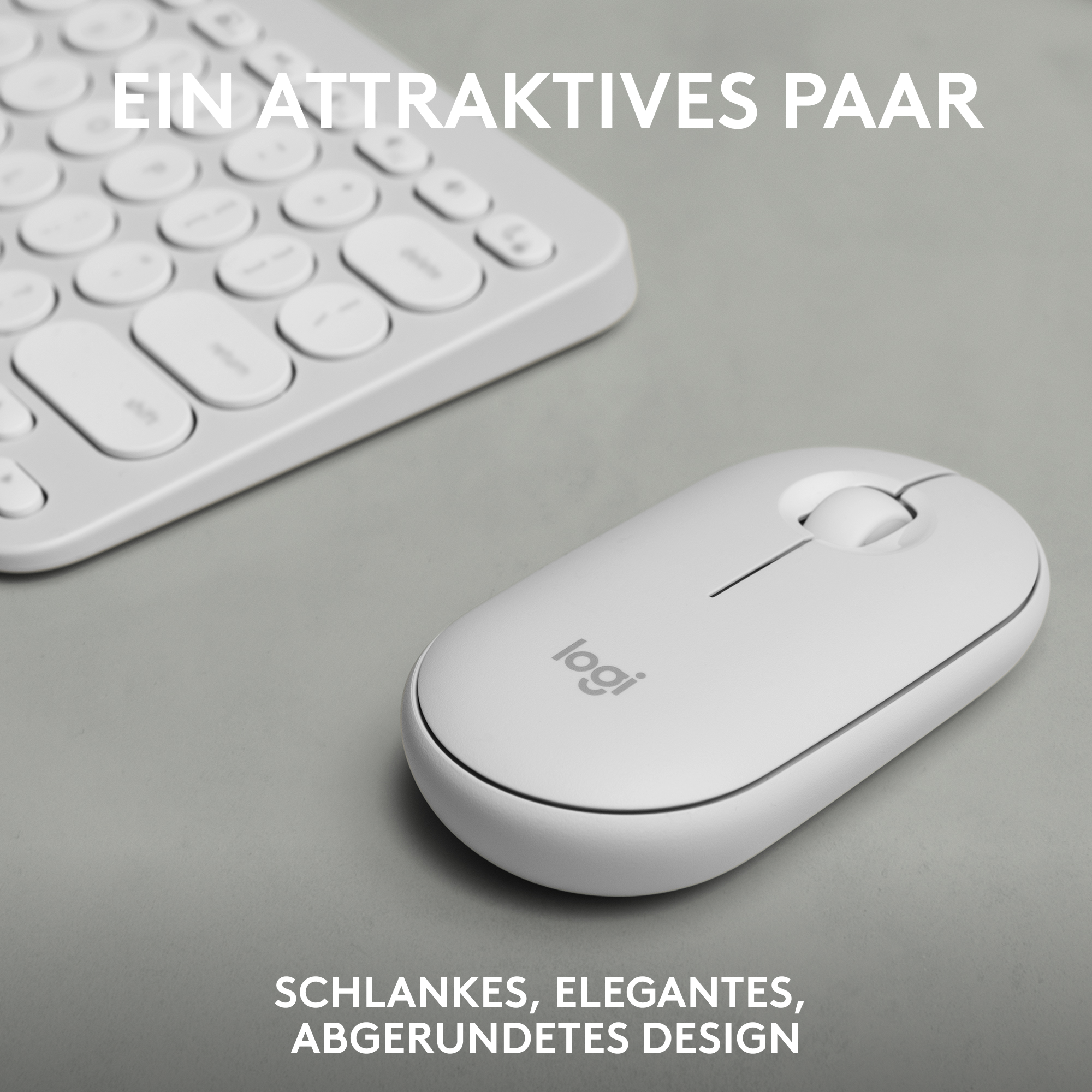 Weißes Logitech-Maus- und Tastaturset auf grauer Oberfläche mit Text 'EIN ATTRAKTIVES PAAR' darüber.