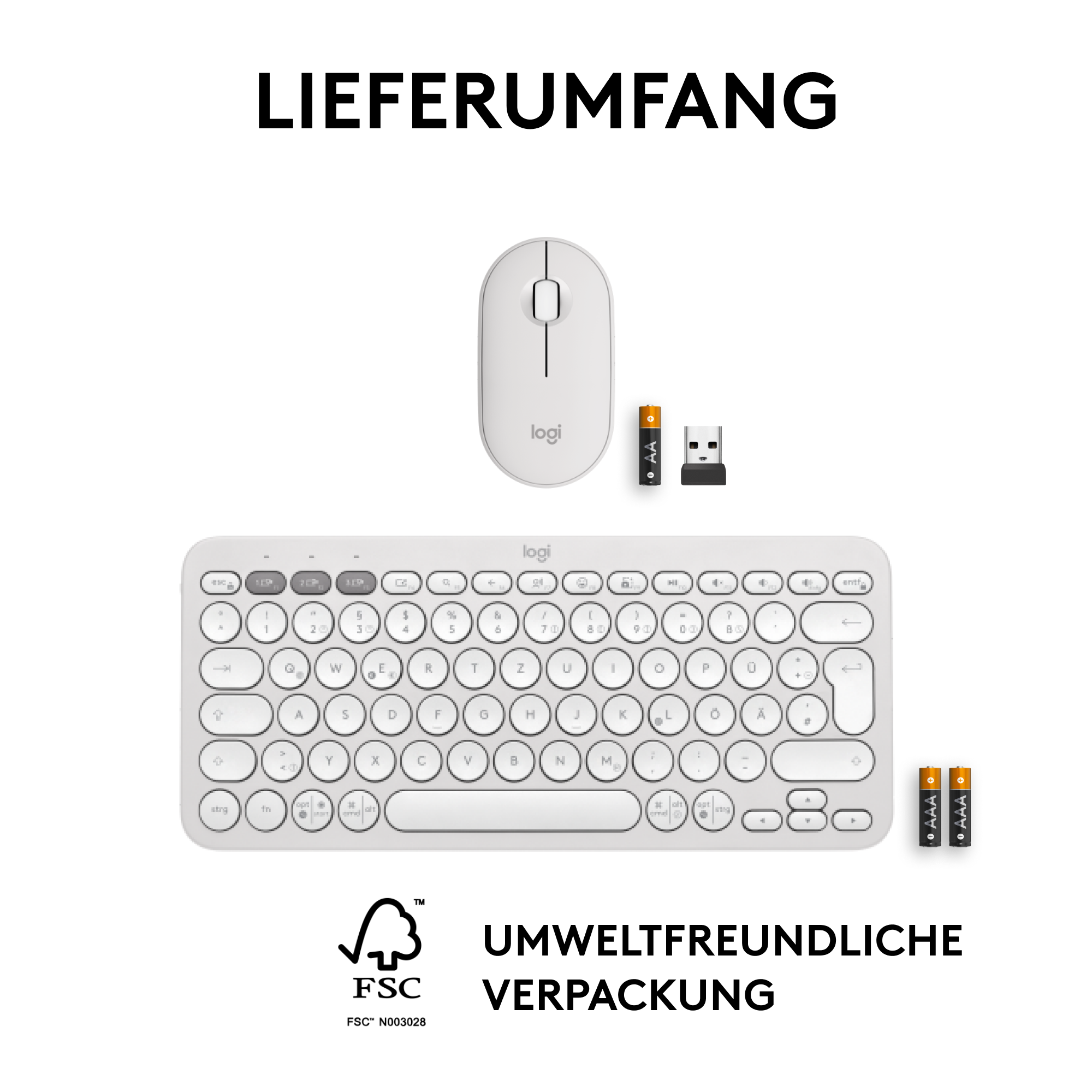 Weisse Logitech-Tastatur, Maus, USB-Empfänger und Batterien auf weissem Hintergrund. FSC-Logo und Text.