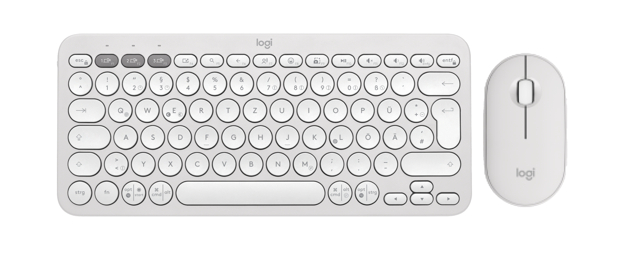 Weißes Tastatur- und Maus-Set, Tastatur mit runden Tasten, Maus mit Scrollrad.