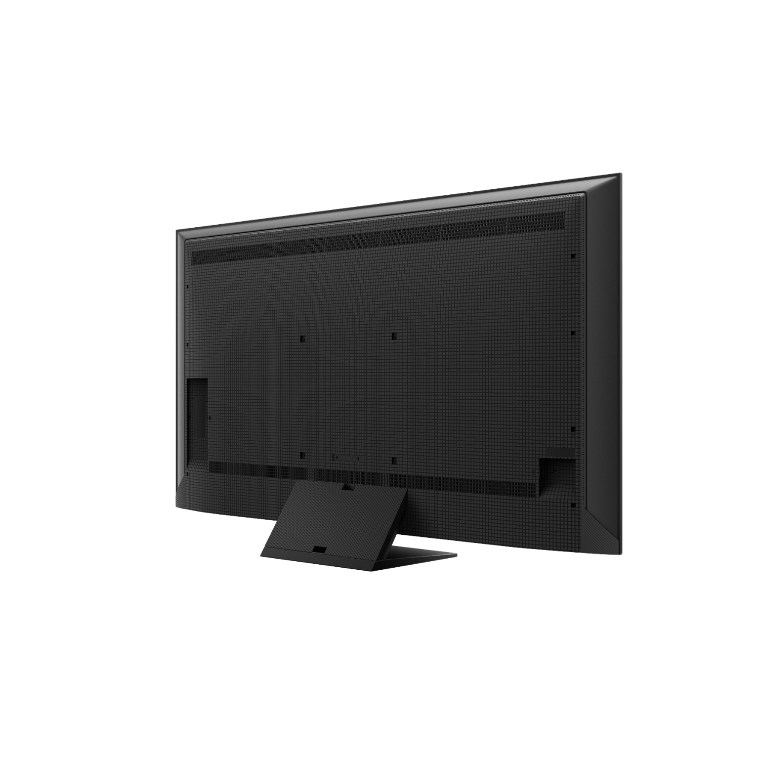 The back of a large, black TV with a stand, set against a black background.