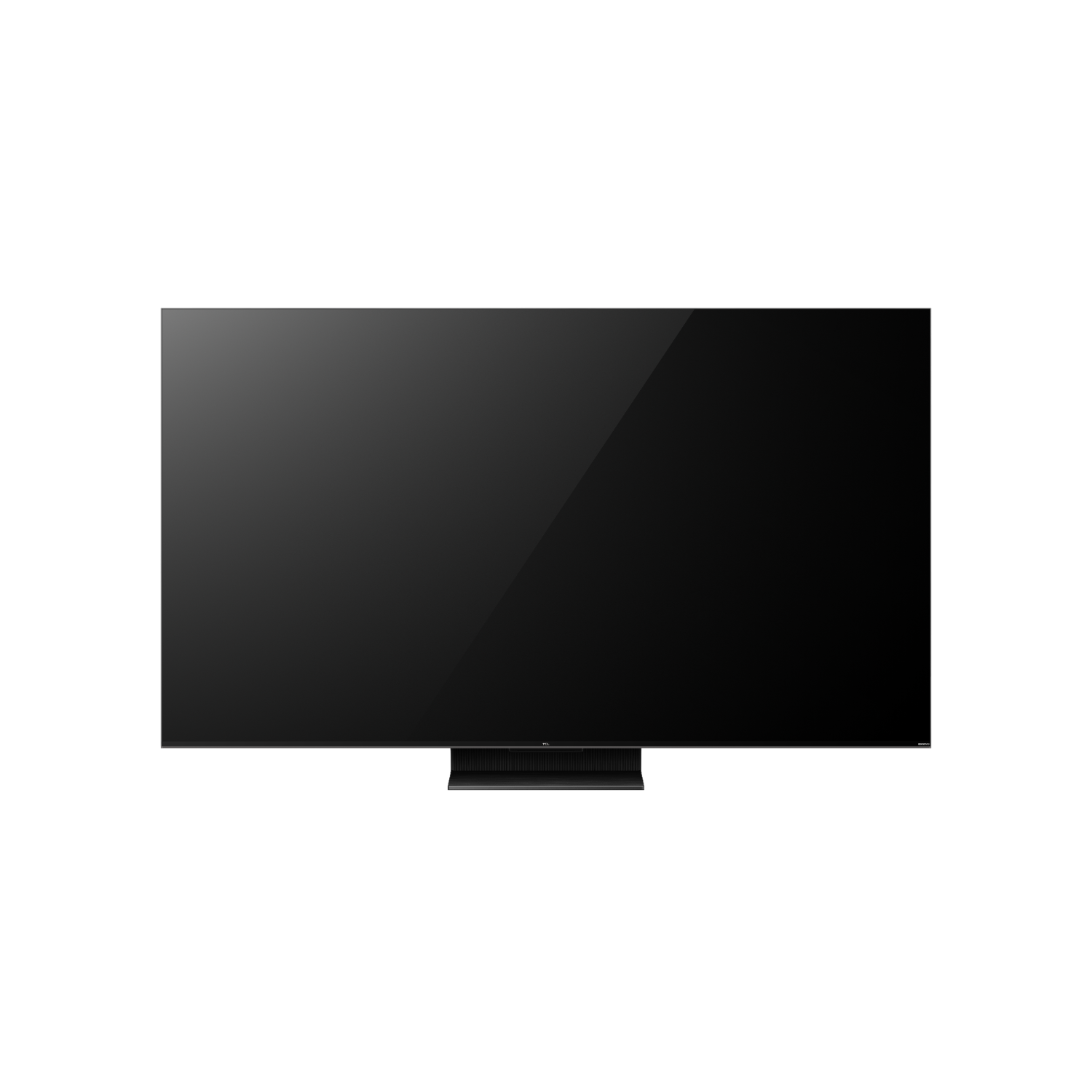 A large, black, rectangular TV screen dominates the frame against a black background. A dark stand is visible at the bottom.