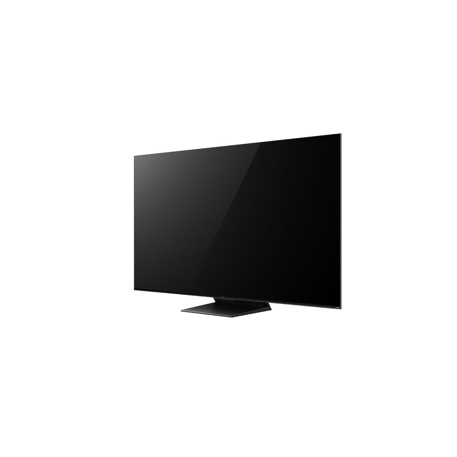 Black TV with a thin frame, displaying a dark screen, against a black background.